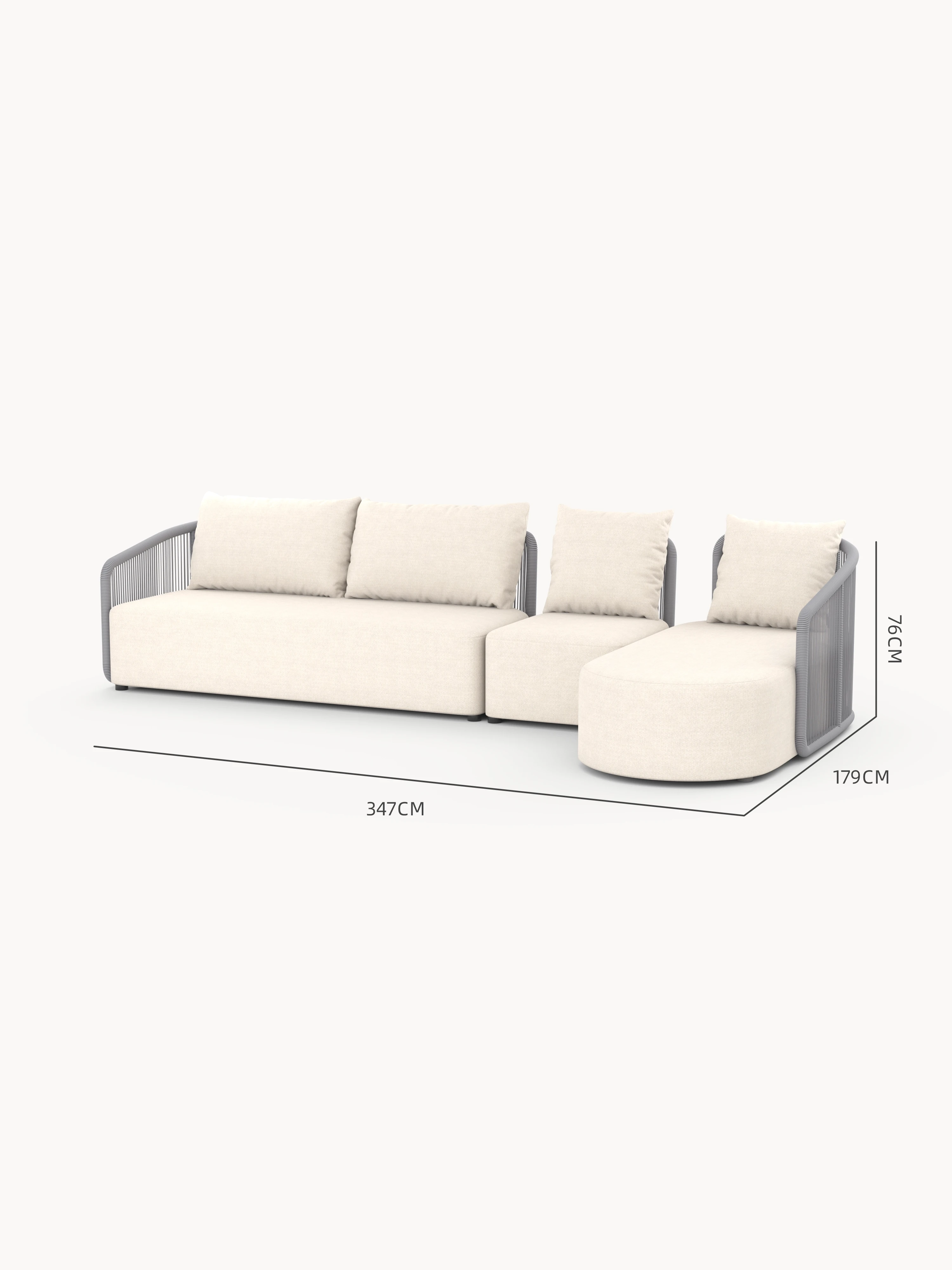 Kapalai Garten Loungesofa Set (5-Sitzer): Beige, dreiteiliges Sofa mit Seil-umwickelten Armlehnen, bestehend aus Dreisitzer, mittlerem Modul und rechtsseitiger Chaiselongue, ideal für flexible Gartengestaltung.