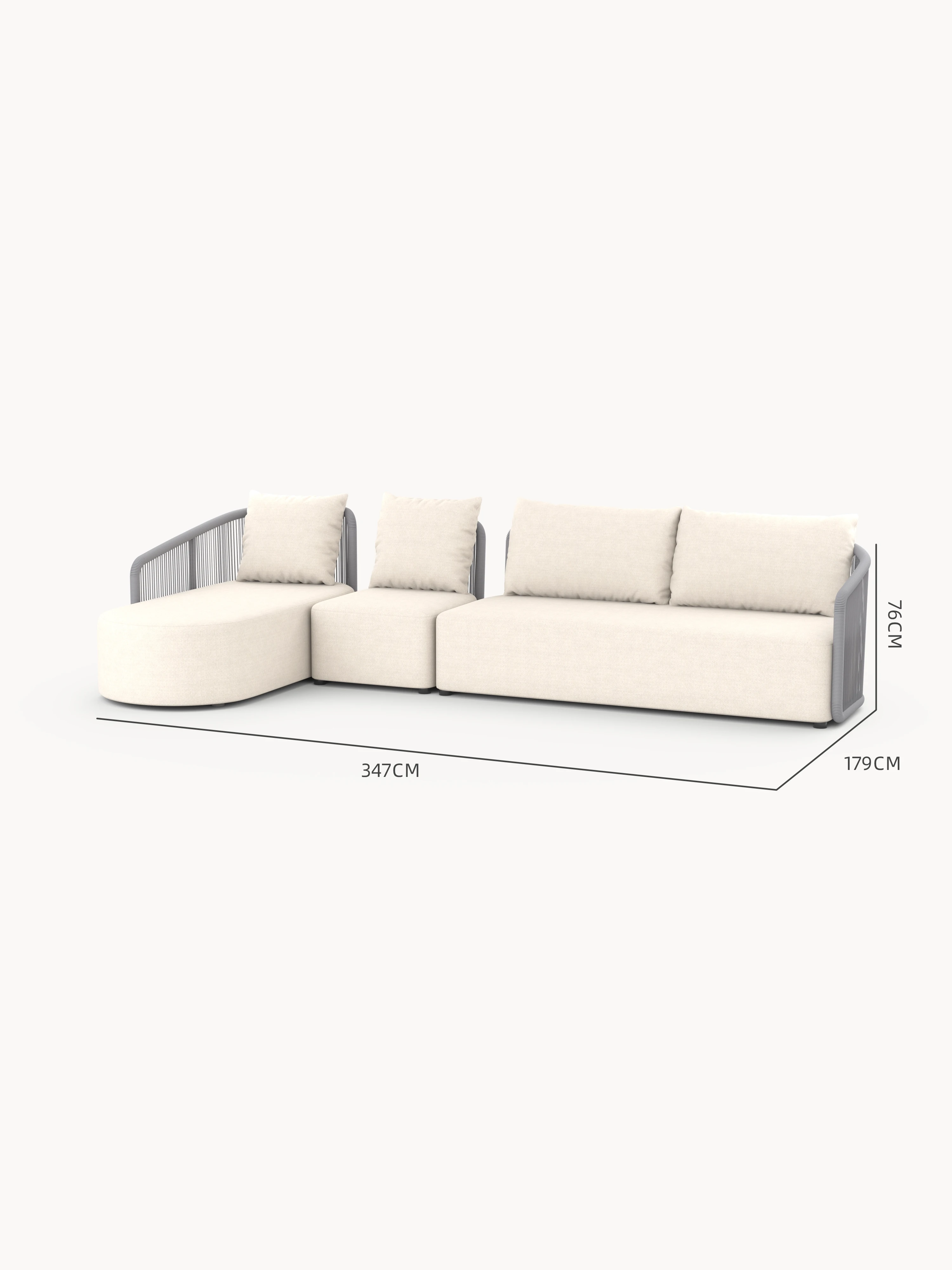 Kapalai Garten Loungesofa Set (5-Sitzer) zeigt ein dreiteiliges modulares Sofa mit sanft geschwungenen Linien und einem seilgewickelten Rahmen, ideal für stilvolle und flexible Outdoor-Gestaltung.