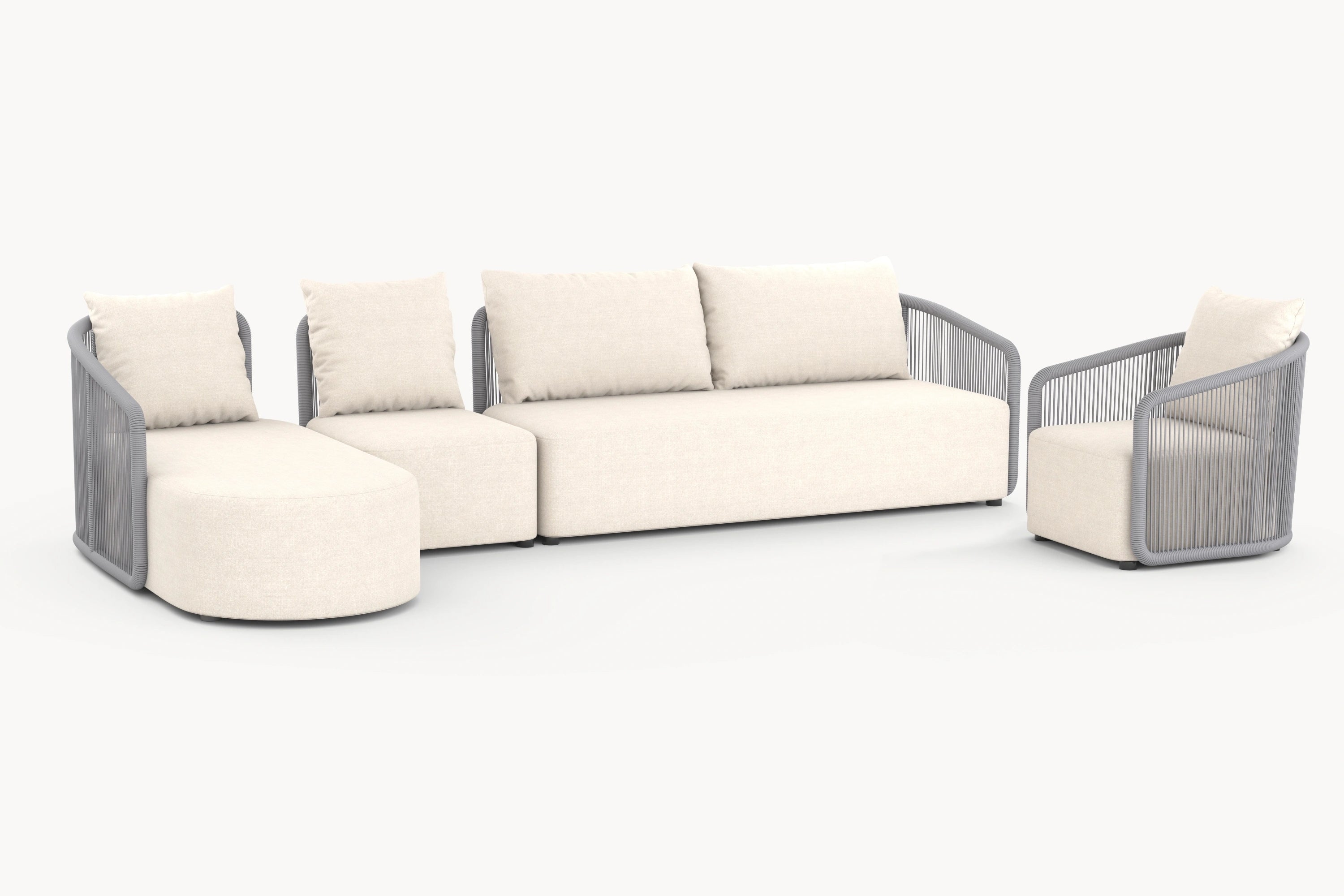 Kapalai Garten Loungesofa Set (6-Sitzer) mit geschwungenen Linien und abgerundeten Armlehnen, ergänzt durch modulare Flexibilität und kunstvolles Seildesign, ideal für stilvolle Outdoor-Entspannung.
