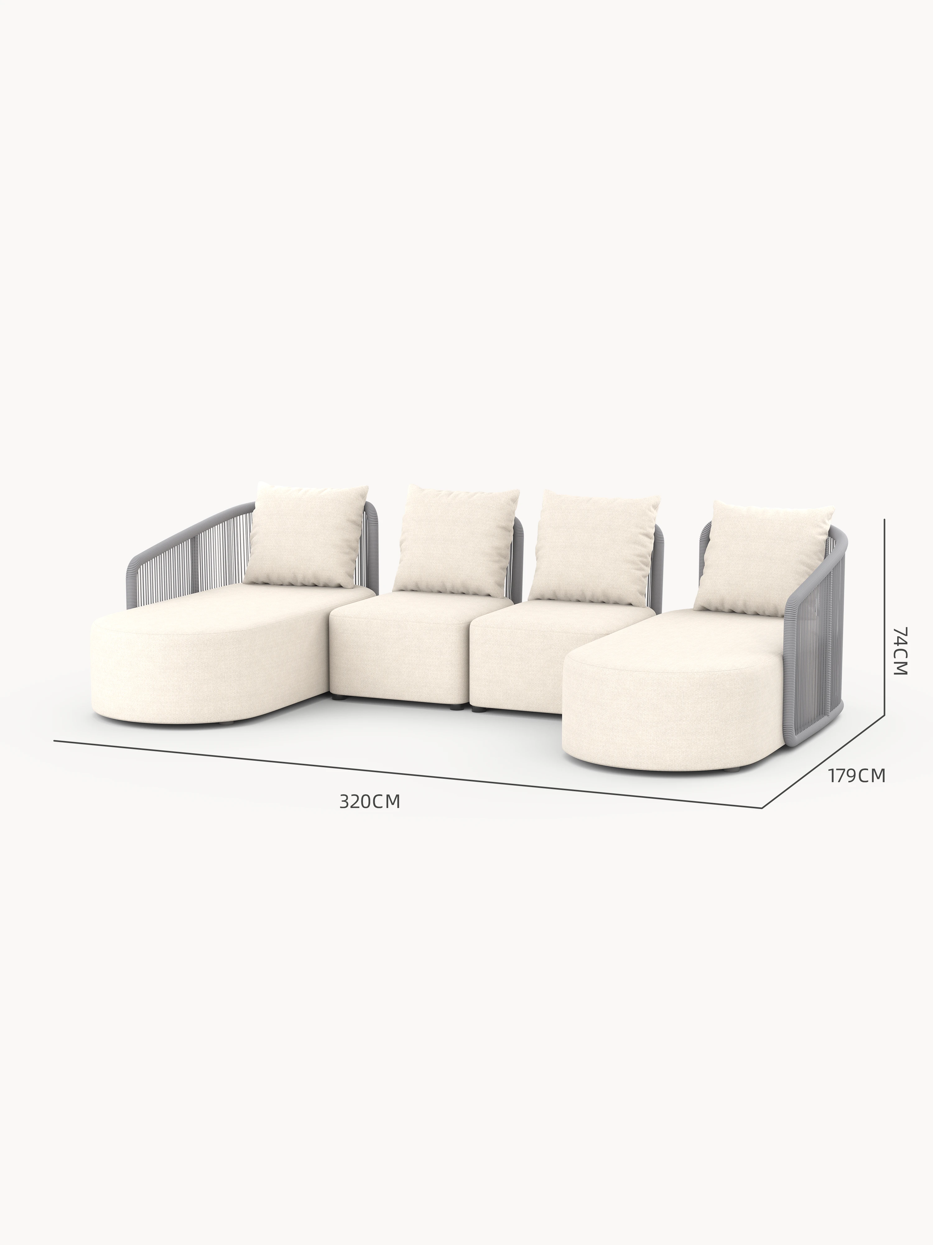 Das Kapalai Garten Loungesofa Set (6-Sitzer) zeigt ein elegantes, modulares Design. Mit zwei geschwungenen Chaiselongues und zwei Mittelteilen bietet es maximale Flexibilität und Komfort für stilvolle Entspannung im Freien.