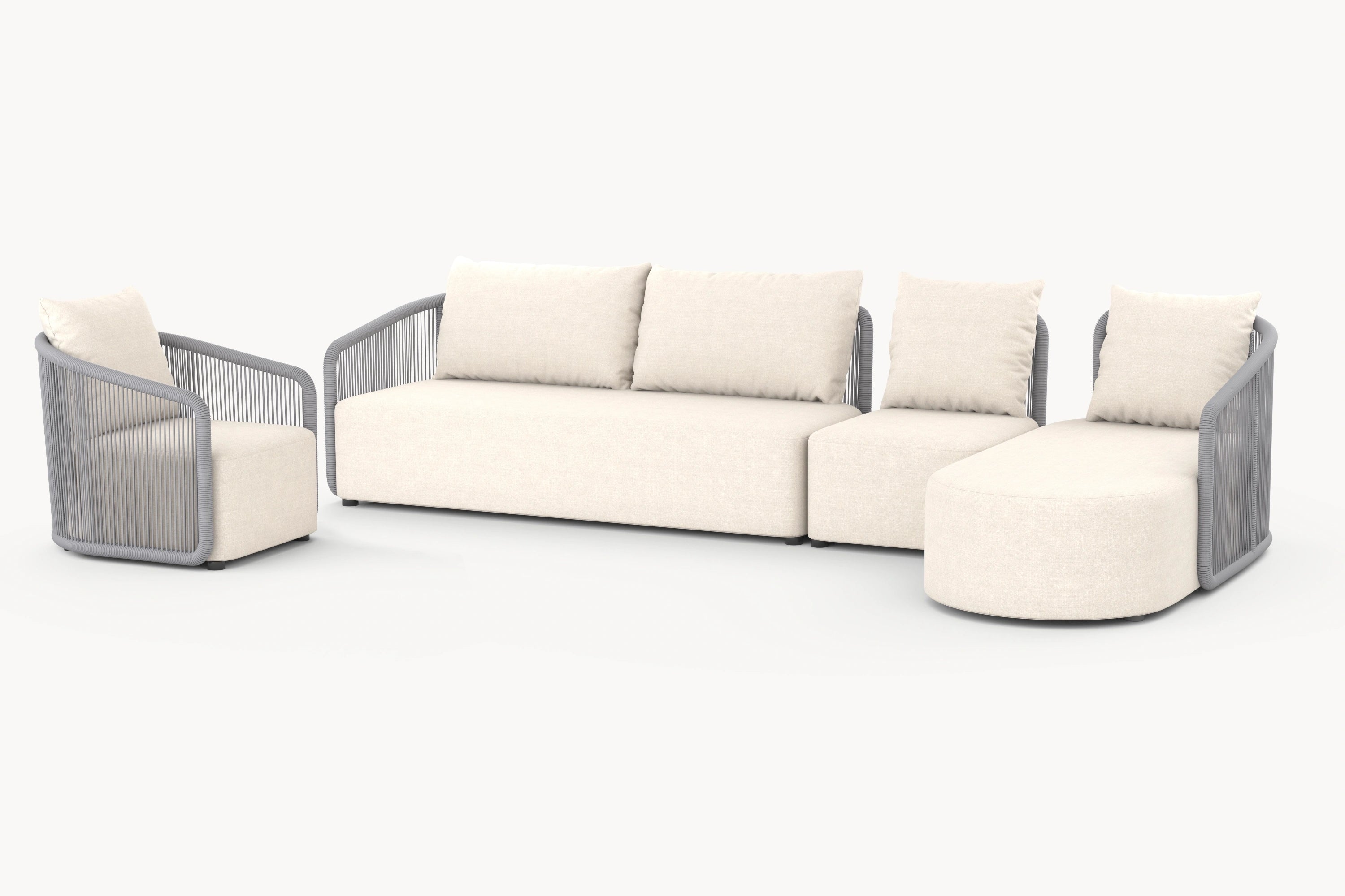 Kapalai Garten Loungesofa Set (6-Sitzer) mit geschwungenen Linien und sanft abgerundeten Ecken, ausgestattet mit bequemen weißen Kissen, bietet modulare Flexibilität für stilvolle Outdoor-Gestaltung und entspannte Atmosphäre.