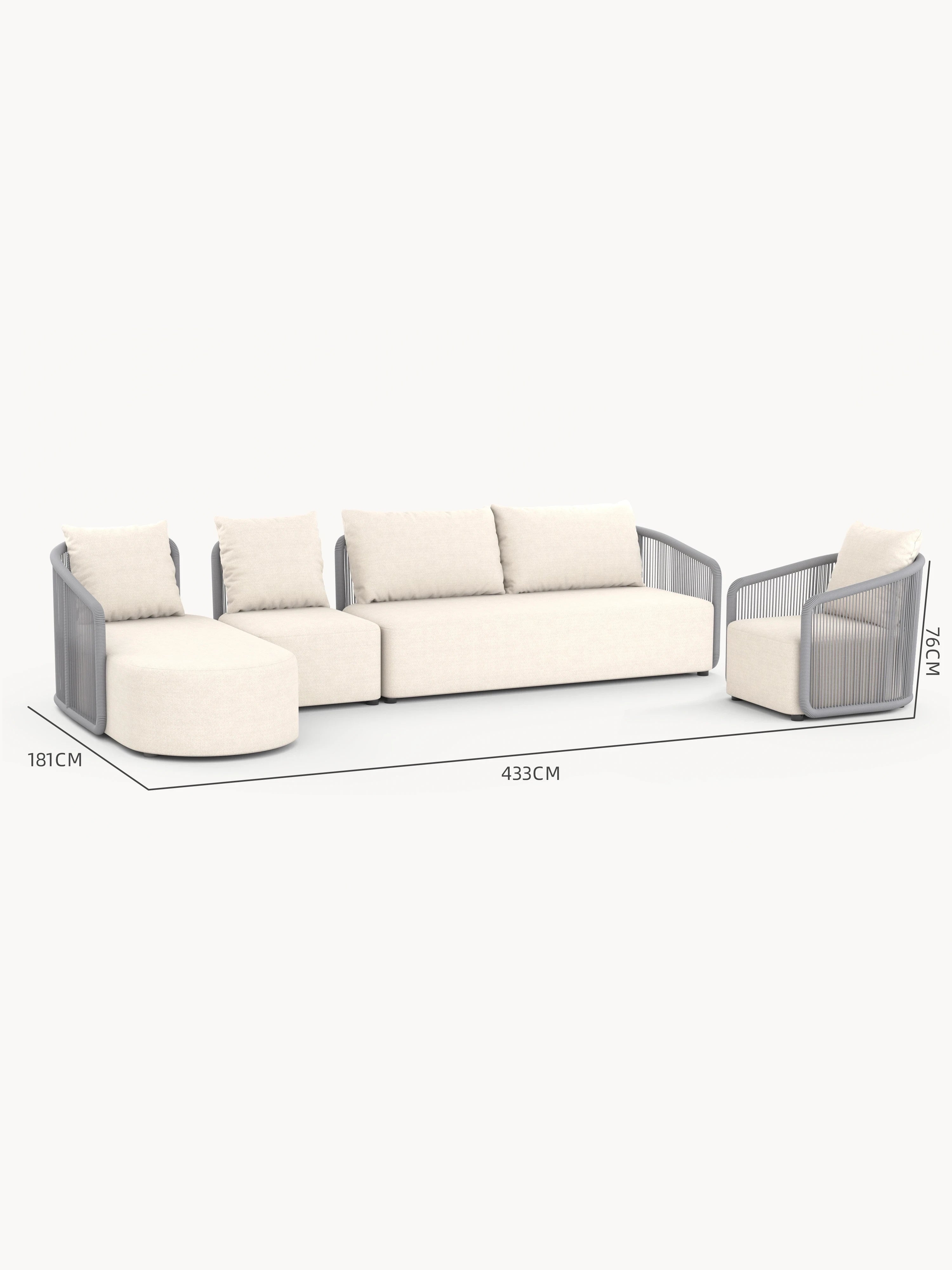 Kapalai Garten Loungesofa Set (6-Sitzer) mit vier modularen Elementen: geschwungener Chaiselongue, armloser Mittelteil, Dreisitzer-Sofa und passender Sessel. Seildesign und beige Polsterung vereinen Komfort und Stil.
