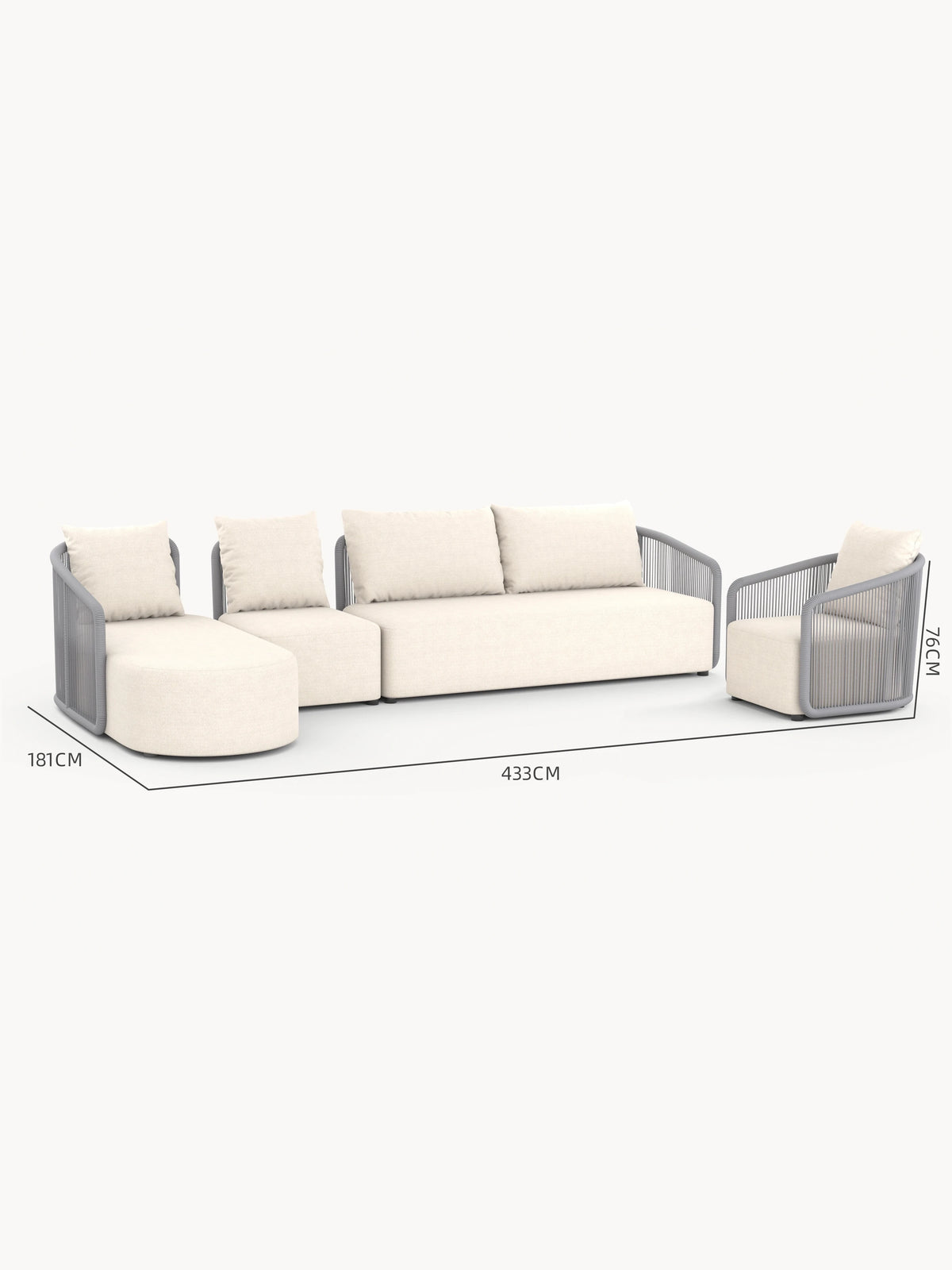 Kapalai Garten Loungesofa Set (6-Sitzer) mit vier modularen Elementen: geschwungener Chaiselongue, armloser Mittelteil, Dreisitzer-Sofa und passender Sessel. Seildesign und beige Polsterung vereinen Komfort und Stil.