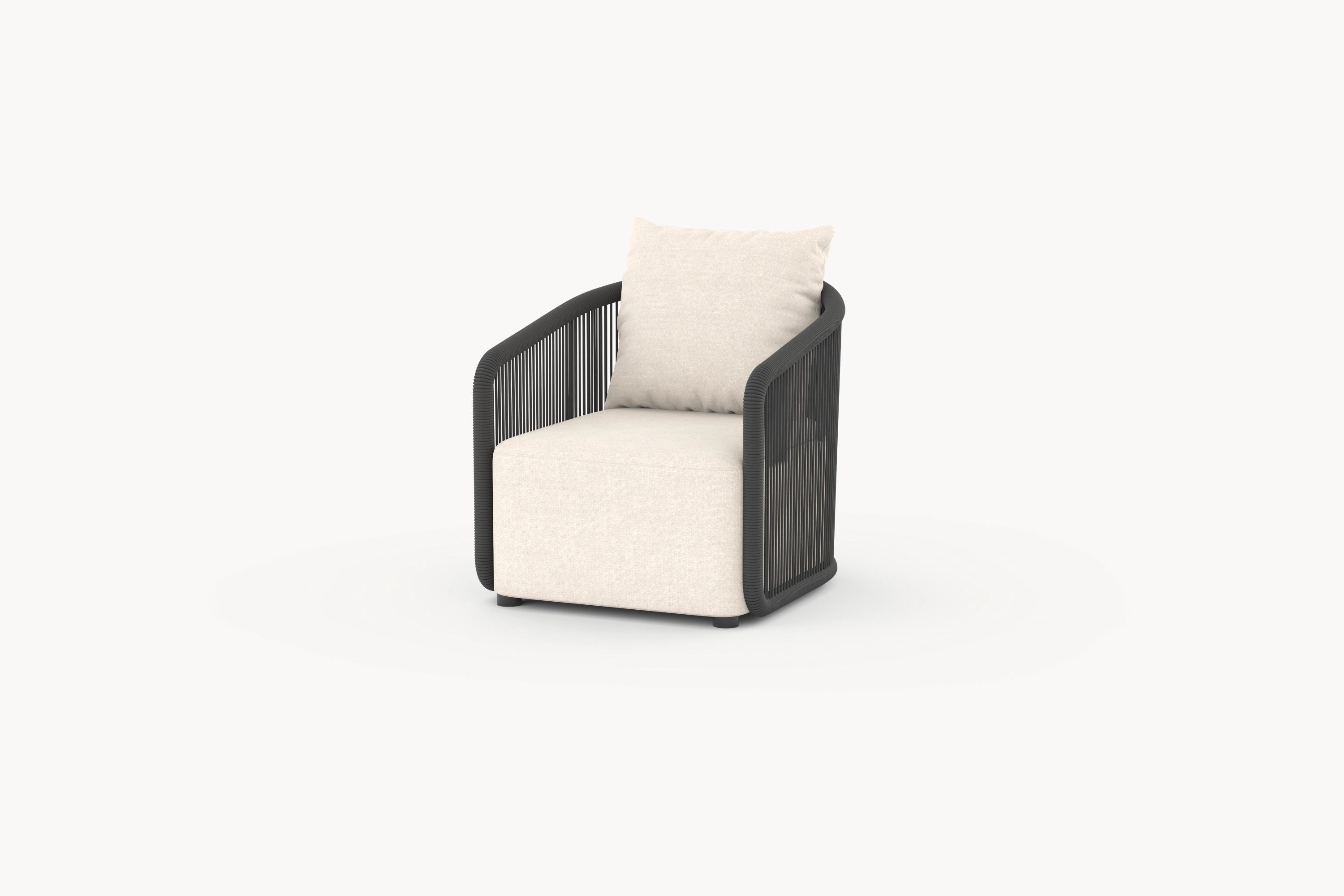 Kapalai 1-Sitzer Gartensessel ohne Armlehnen mit kunstvoll verflochtenem Seildesign, minimalistisch und elegant, ideal für flexible Outdoor-Gestaltung im stilvollen und wetterfesten Design von Finqa GmbH.