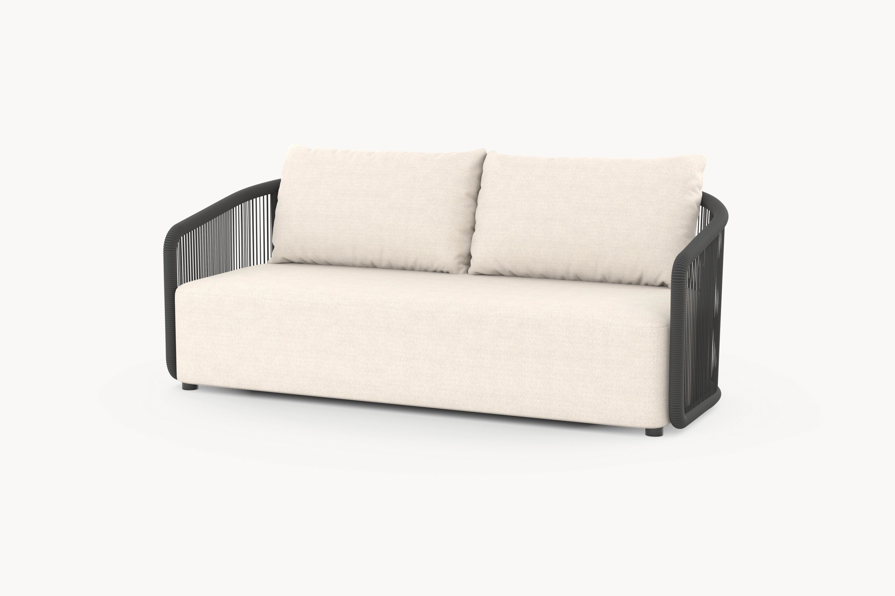 Kapalai 1-Sitzer Gartensessel mit zwei Armlehnen zeigt kunstvoll verflochtenes Seildesign und sanft abgerundete Ecken, verkörpert stilvolle Entspannung und Modularität für individuelle Outdoor-Gestaltung.