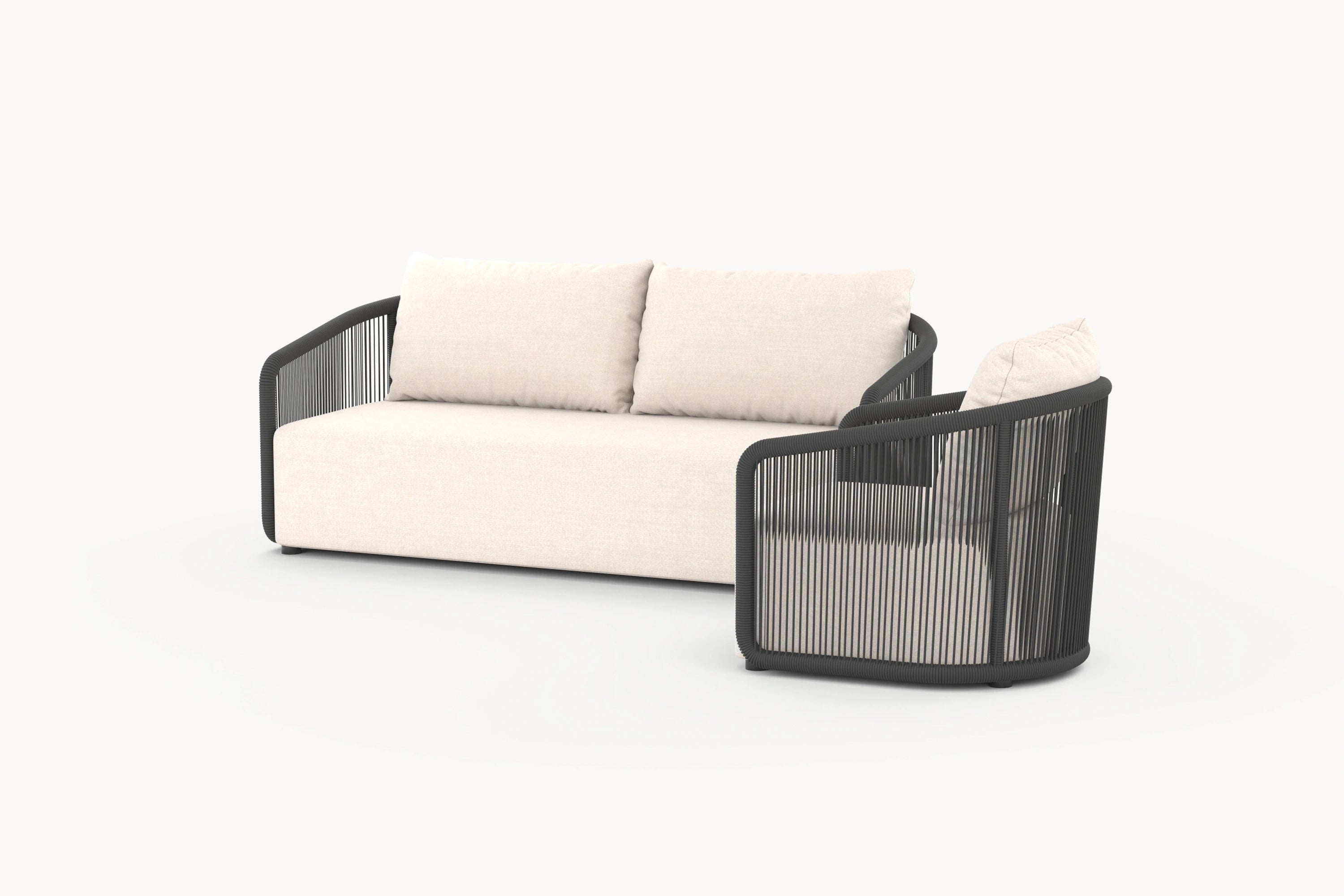 Kapalai Garten Loungesofa Set (3-Sitzer) mit weißen Kissen und schwarzen, kunstvoll verflochtenen Armlehnen. Ein modulares, stilvolles Outdoor-Sofa, ideal für entspannende Momente im Garten.