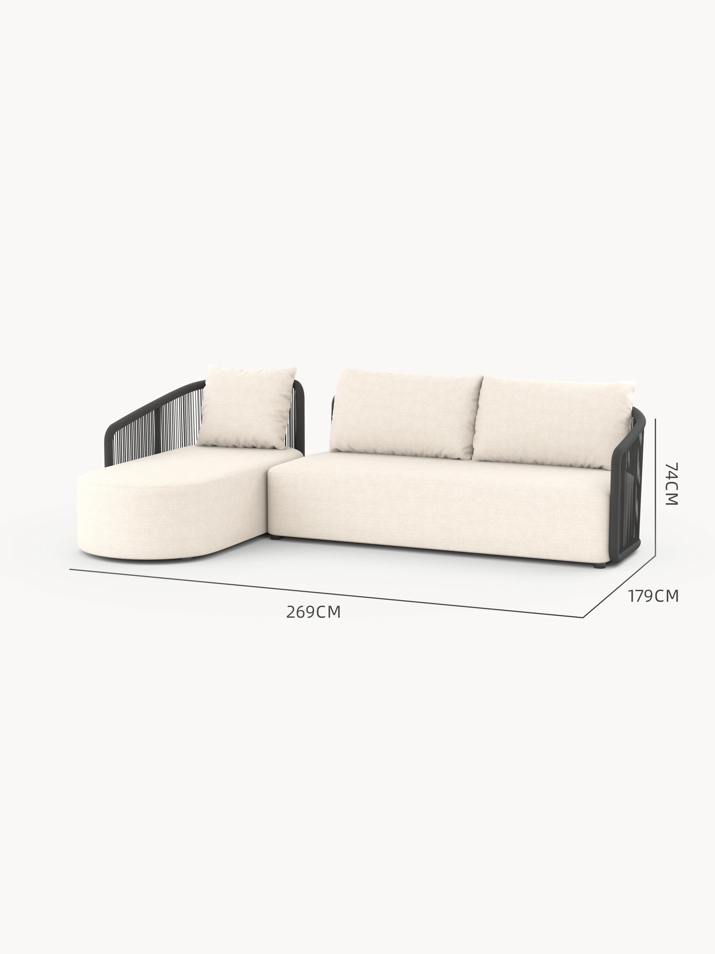 Kapalai Garten Loungesofa Set (4-Sitzer): Modernes L-förmiges Sofa mit linksseitiger Chaiselongue, schlankem Rahmen, abgerundeten Armlehnen; Maße: Länge 269 cm, Tiefe 179 cm, Höhe 74 cm.