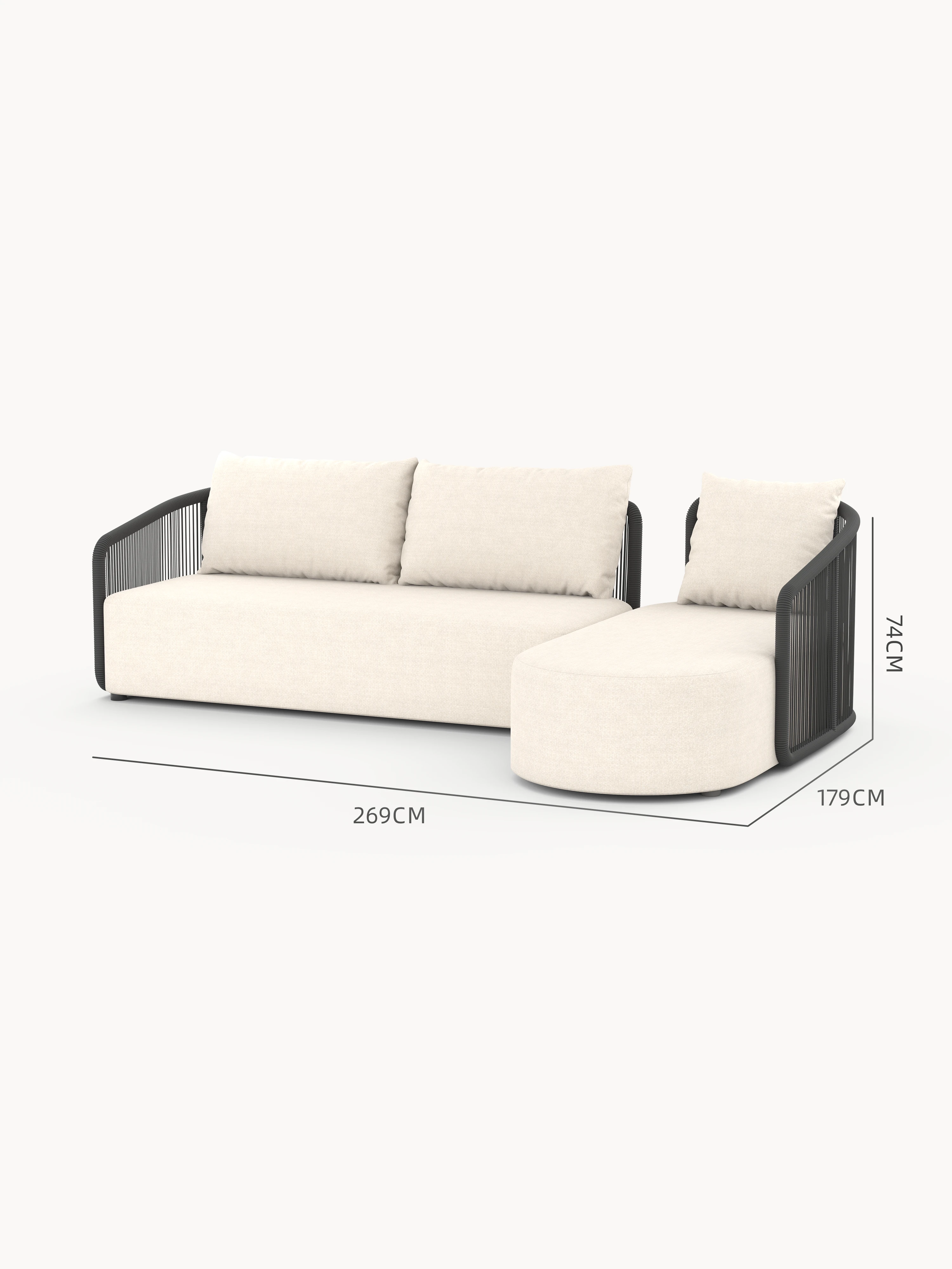 Kapalai Garten Loungesofa Set (4-Sitzer) mit L-Form, aus hellcremem Stoff, schwarzen Seilarms, modulare Flexibilität, ideal für stilvolle, komfortable Outdoor-Gestaltung. Maße: Länge 269 cm, Tiefe 179 cm, Höhe 74 cm.