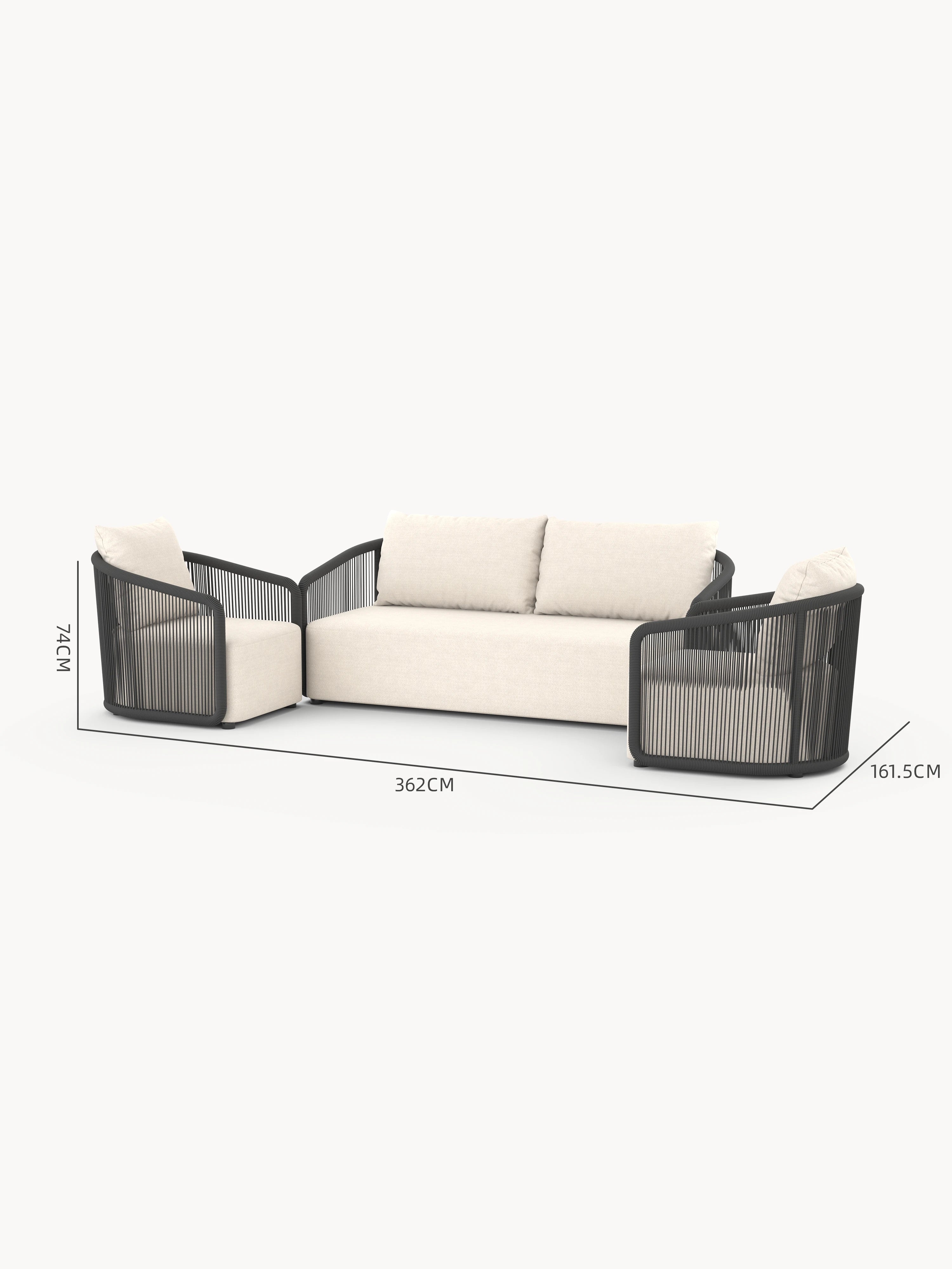 Kapalai Garten Loungesofa Set (4-Sitzer): Modulares Design mit dunklem Metallrahmen und Seilschlaufen, off-white Polster, bestehend aus einem Dreisitzer und zwei Sesseln, ideal für stilvolle Outdoor-Entspannung.