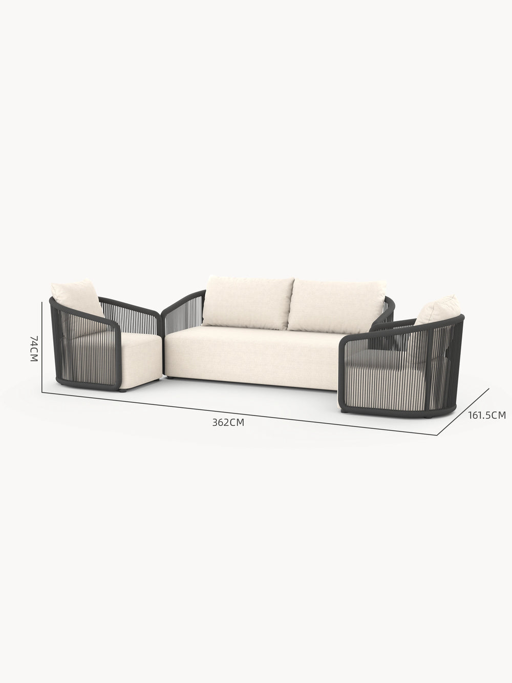 Kapalai Garten Loungesofa Set (4-Sitzer): Modulares Design mit dunklem Metallrahmen und Seilschlaufen, off-white Polster, bestehend aus einem Dreisitzer und zwei Sesseln, ideal für stilvolle Outdoor-Entspannung.