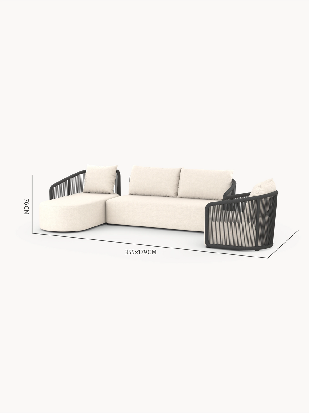 Kapalai Garten Loungesofa Set (5-Sitzer) in L-Form mit hellbeigem Polster, dunklem Seilrahmen, bietet modulare Anpassung für stilvolle, komfortable Outdoor-Gestaltung. Perfekt für flexible Garteneinrichtung.