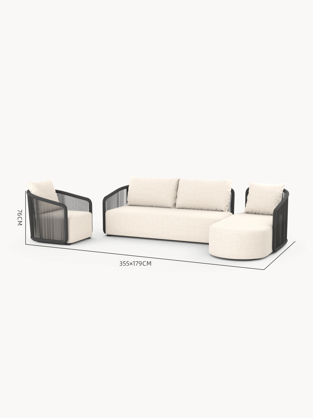 Kapalai Garten Loungesofa Set (5-Sitzer) aus drei modularen Teilen: Einzelsessel, Dreisitzer-Sofa und runder Chaiselongue. Raffiniertes Seildesign an Armlehnen und Rückenlehnen für stilvolle, flexible Gartengestaltung.