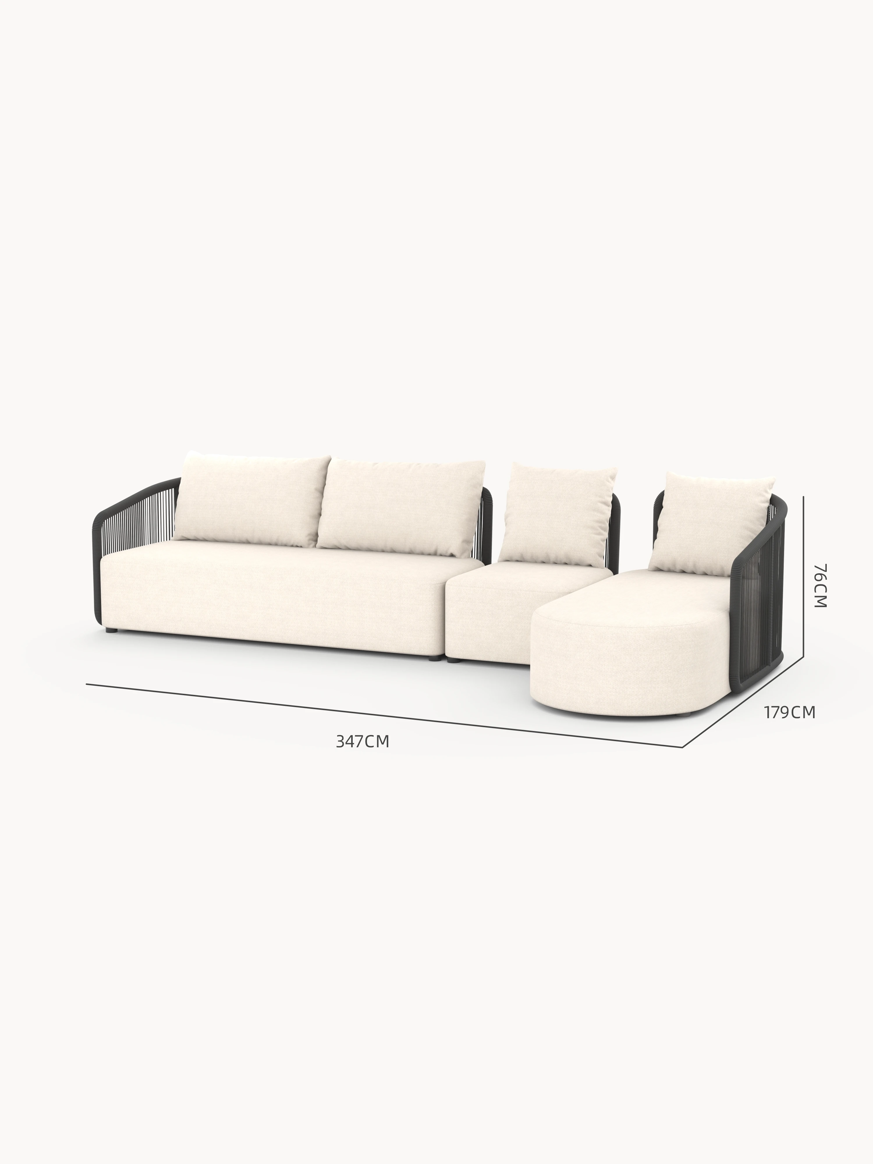 Kapalai Garten Loungesofa Set (5-Sitzer): Modernes L-förmiges, modulares Sofa mit drei Teilen, cremefarbenem Stoff, schwarzem Rahmen, und Seildetails; ideal für stilvolle, entspannte Outdoor-Umgebungen.