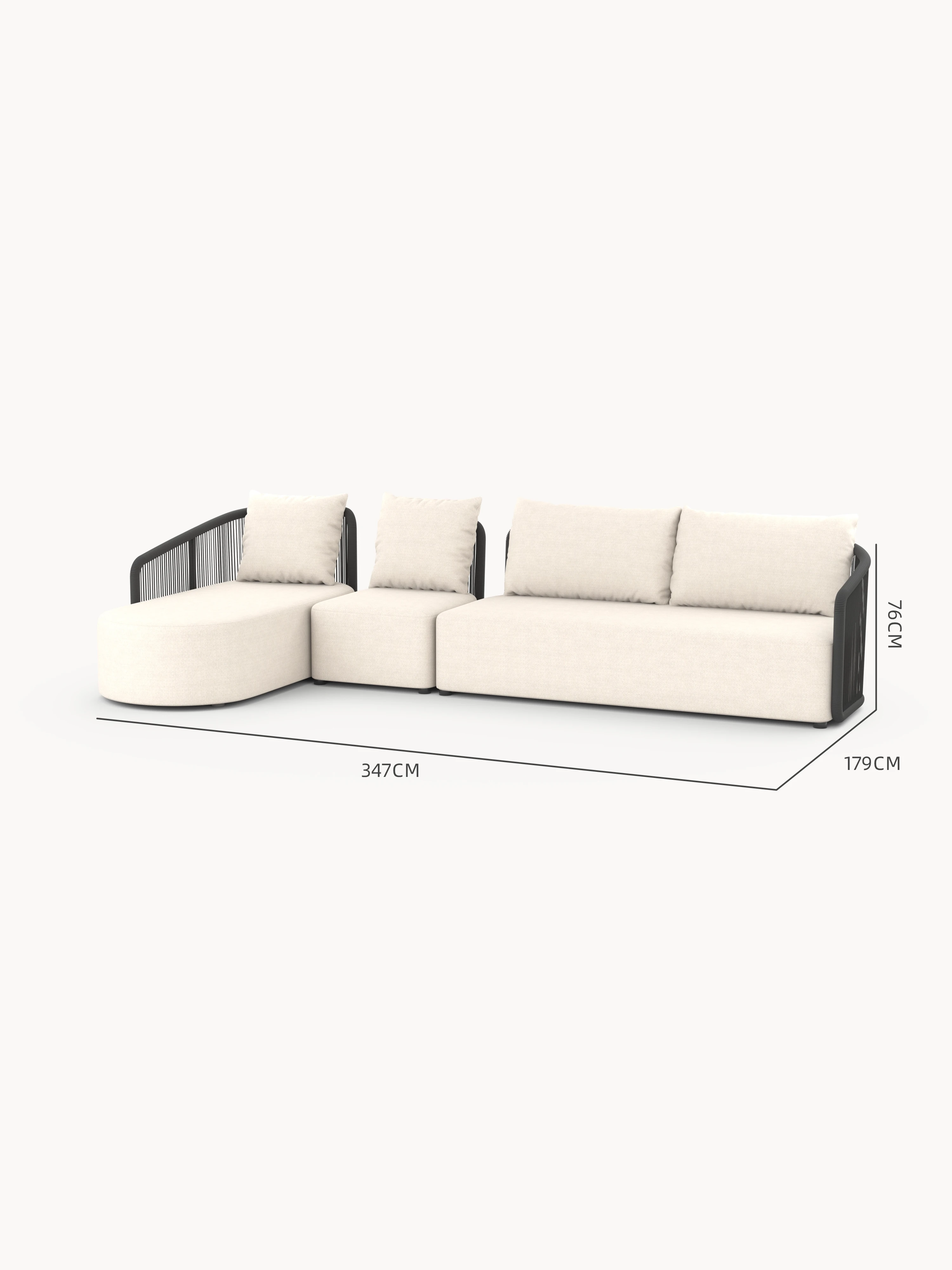 Kapalai Garten Loungesofa Set (5-Sitzer) mit modularem Design: Links Chaise, mittig Hocker, rechts Zweisitzer. Elegante, niedrige Armlehnen und Polster, ideal für stilvolle Außenbereiche.