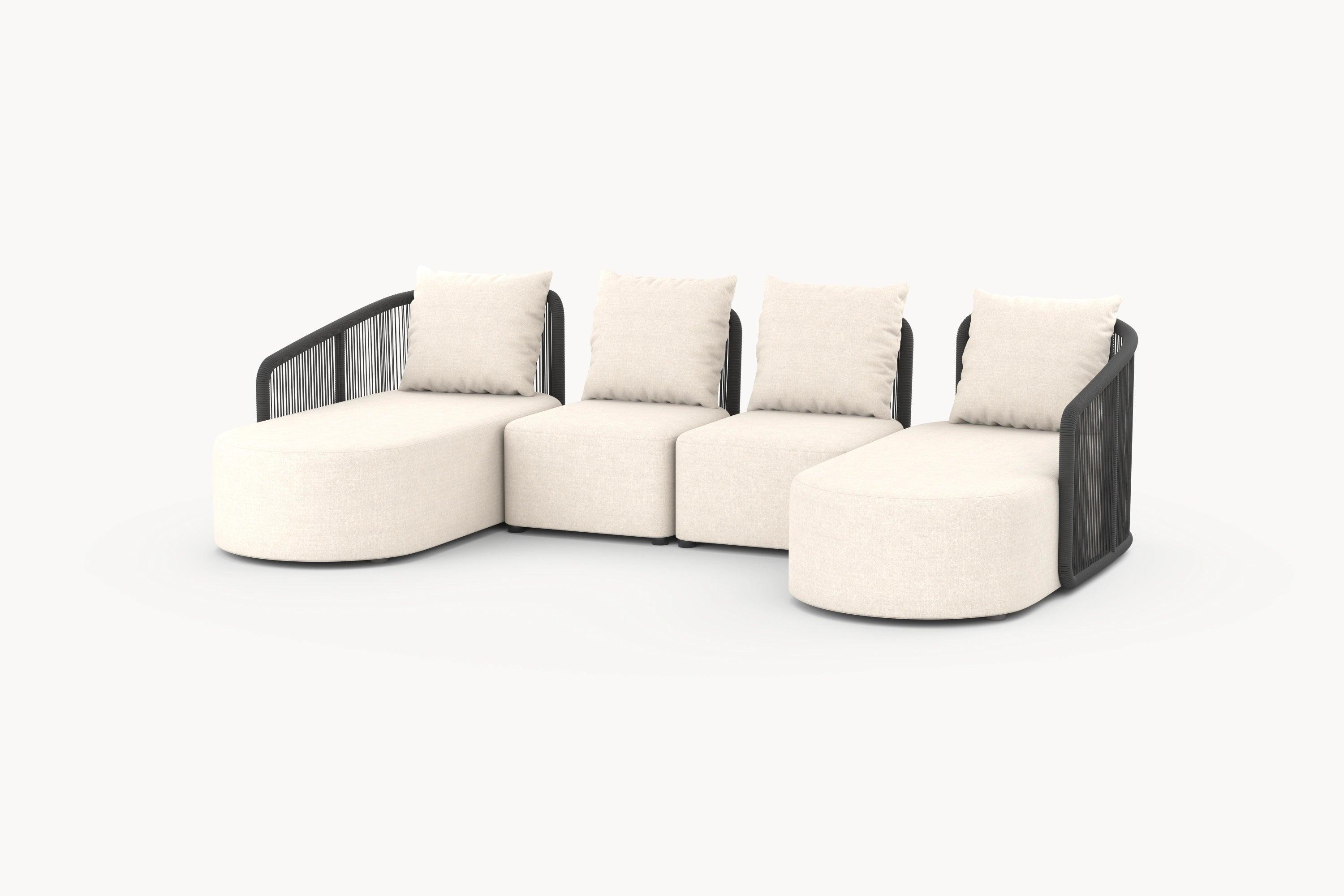 Kapalai Garten Loungesofa Set (6-Sitzer) mit weißen Kissen und schwarzen geflochtenen Armlehnen, inspiriert von tropischen Designs, bietet stilvolle Entspannung und modulare Flexibilität für Ihren Außenbereich.