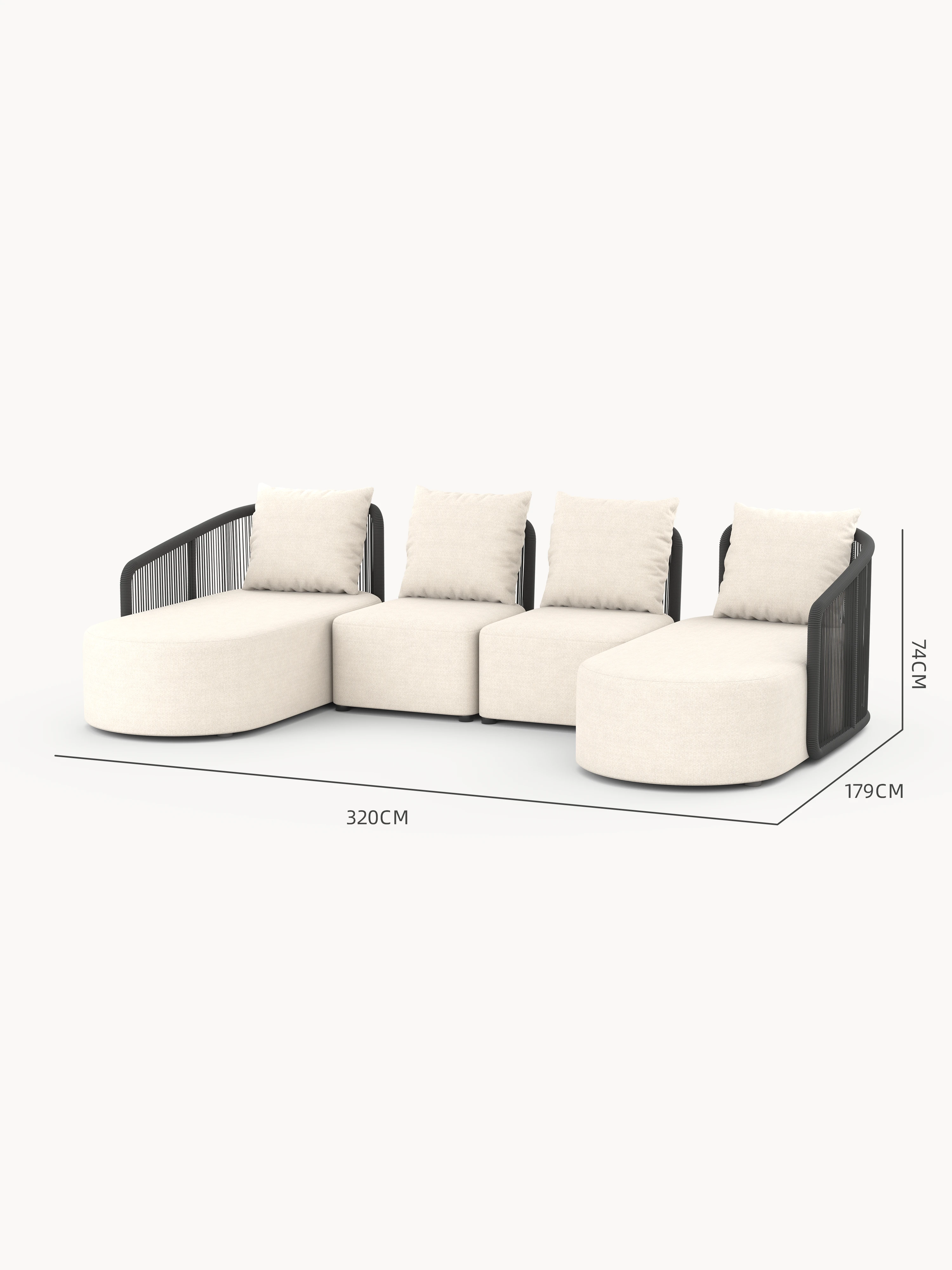 Kapalai Garten Loungesofa Set (6-Sitzer) mit zwei Chaiselongues und zwei armlosen Sitzen in hellbeigem Stoff, schwarze Seilrahmen, modulare Flexibilität für stilvolle, komfortable Outdoor-Gestaltung.