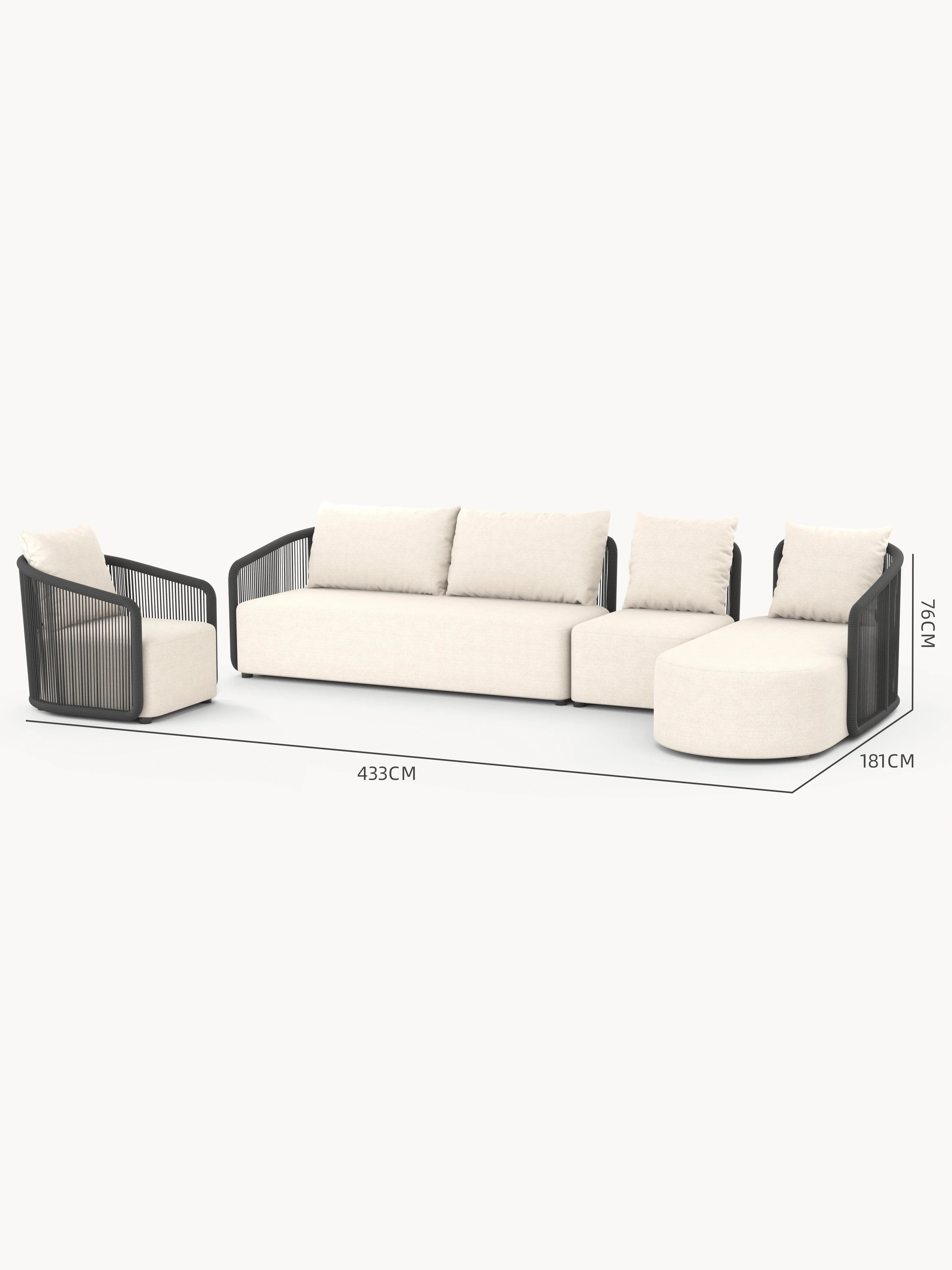 Kapalai Garten Loungesofa Set (6-Sitzer) in L-Form mit schwarzem Seilrahmen, weißen Polstern; inklusive Sessel, Dreisitzer-Sofa, Hocker und Chaiselongue, inspiriert von tropischer Gelassenheit und stilvoller Entspannung.