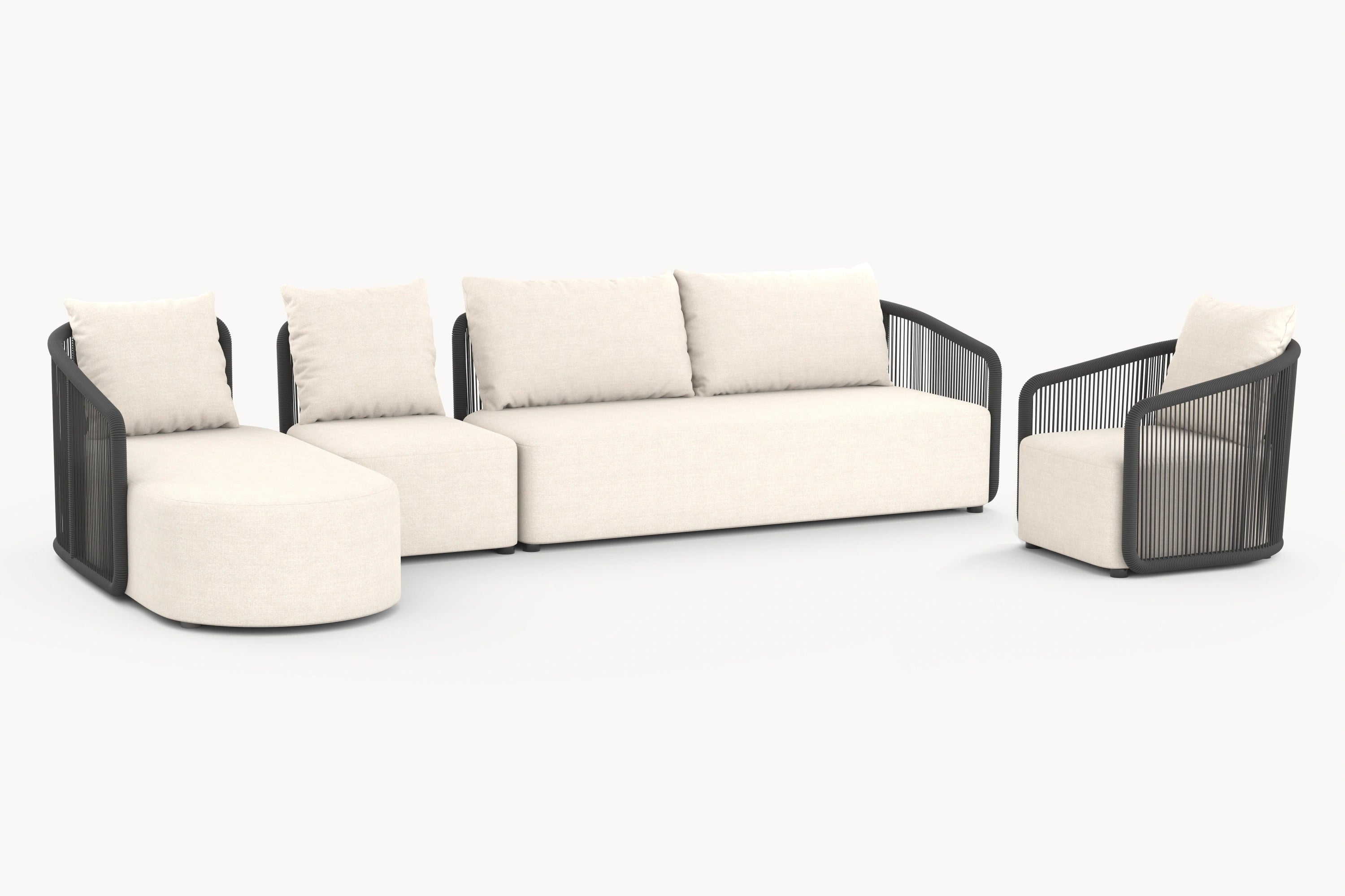 Kapalai Garten Loungesofa Set (6-Sitzer), ein modulares Outdoor-Sofa mit weißen Kissen und schwarzen Armlehnen, das Eleganz und Flexibilität für stilvolle Gartengestaltungen bietet. Perfekt für entspannte Zusammenkünfte.