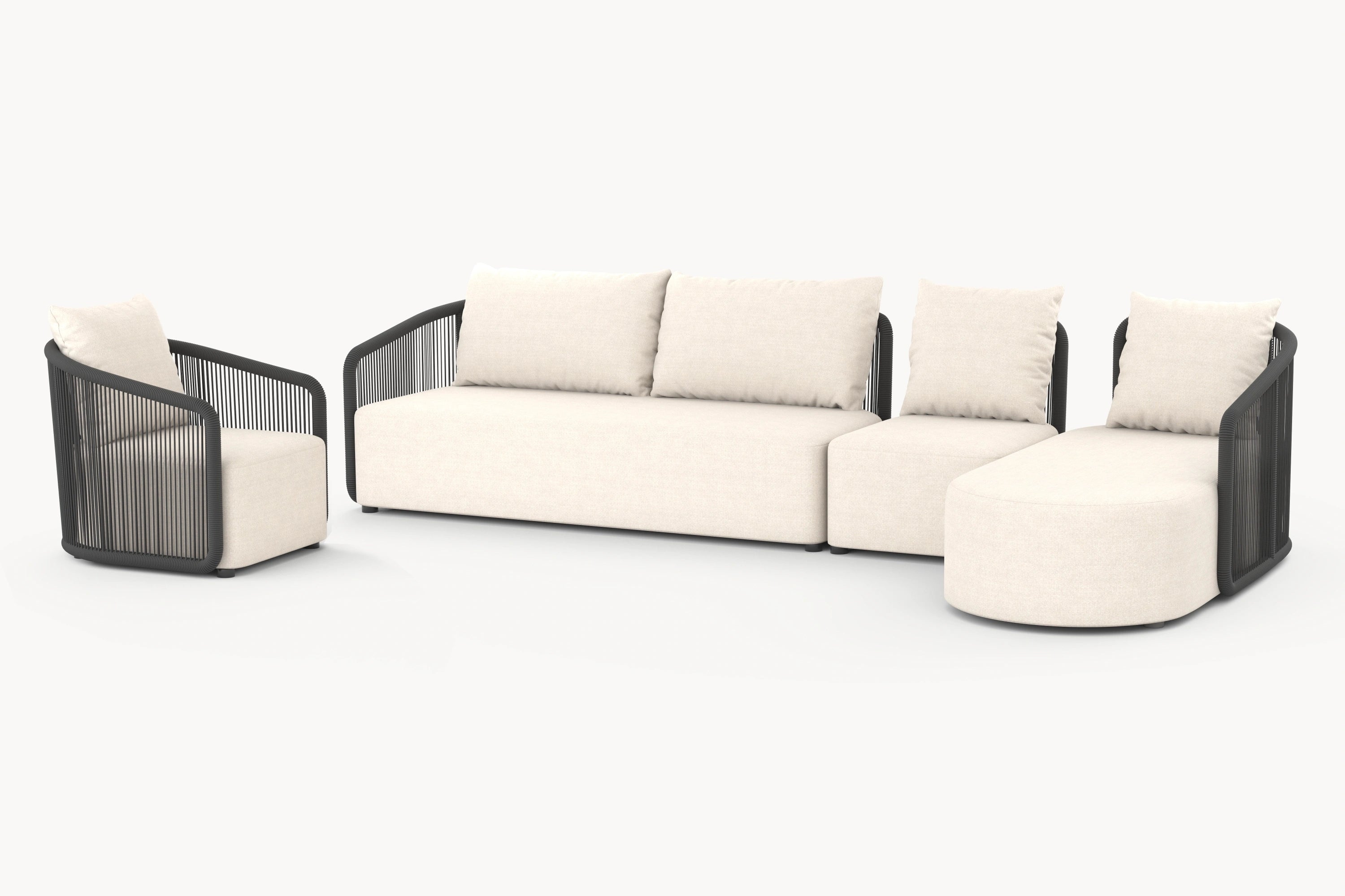 Kapalai Garten Loungesofa Set (6-Sitzer), bestehend aus modularen weißen Sofas mit schwarzen Akzenten und Kissen, ideal für stilvolle, flexible Gartengestaltung.