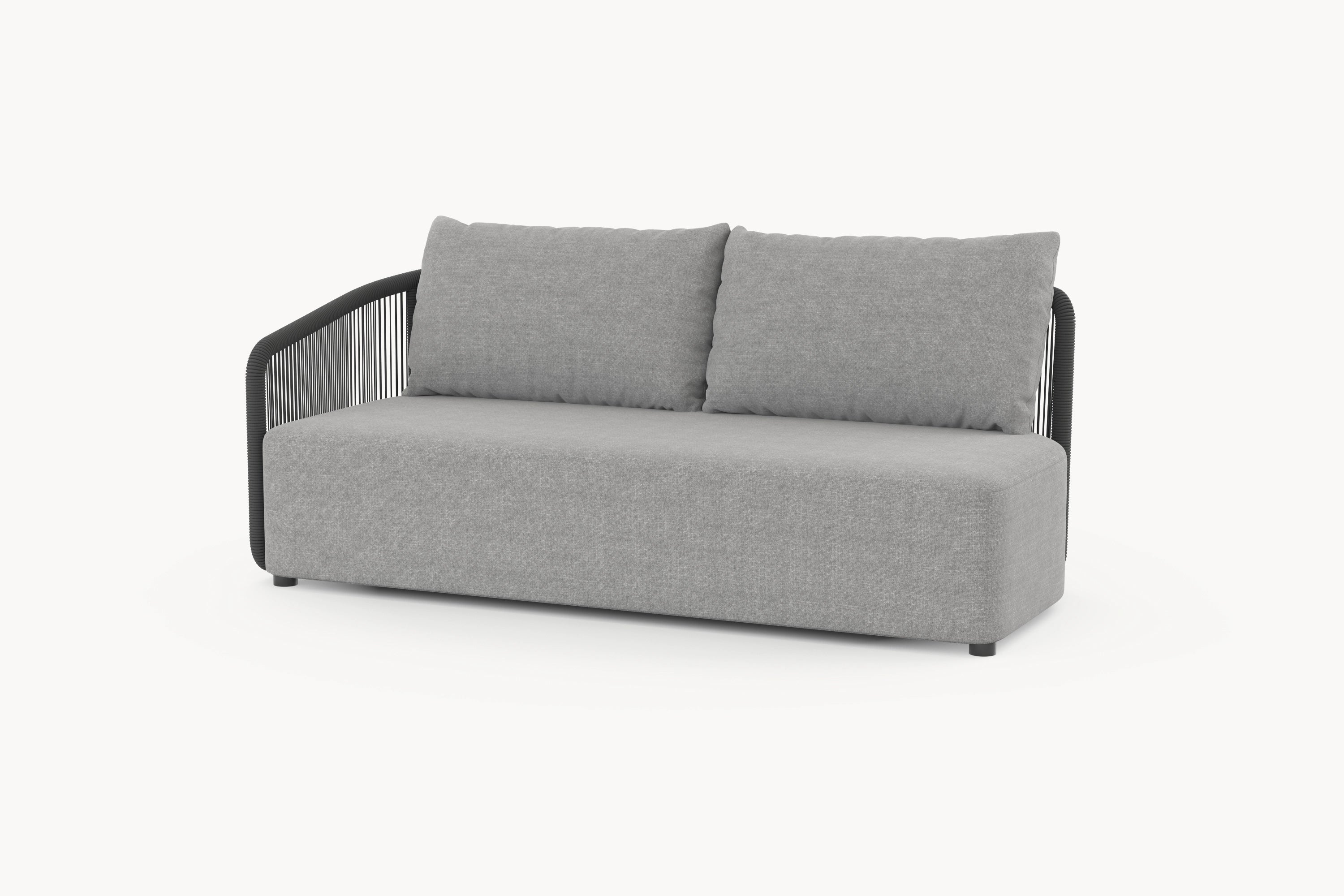 Kapalai Liege mit einer Armlehne, zeigt geschwungene Linien und ein kunstvoll verflochtenes Seildesign, das eine moderne Eleganz ausstrahlt, ideal für stilvolle und komfortable Outdoor-Entspannung.