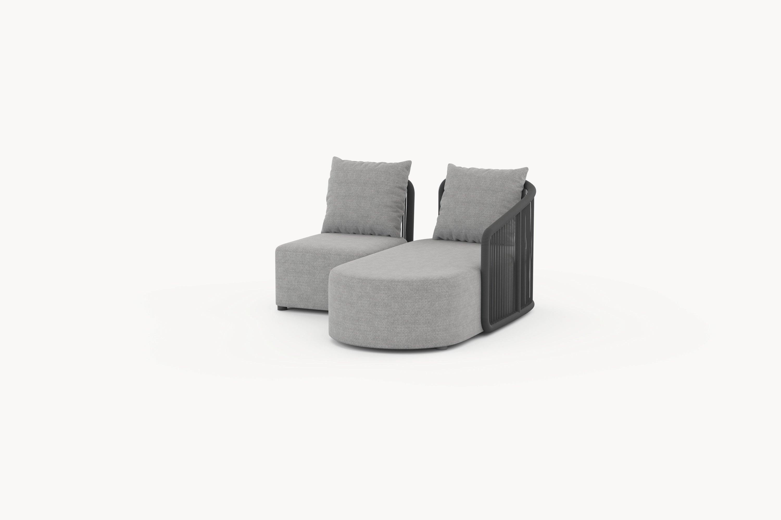 Kapalai Garten Loungesofa Set (3-Sitzer) mit grauem Bezug, schwarzem Rahmen und gebogenen Linien, inspiriert von Palmenblättern. Perfekt für stilvolle und flexible Outdoor-Gestaltung durch Finqa GmbH.