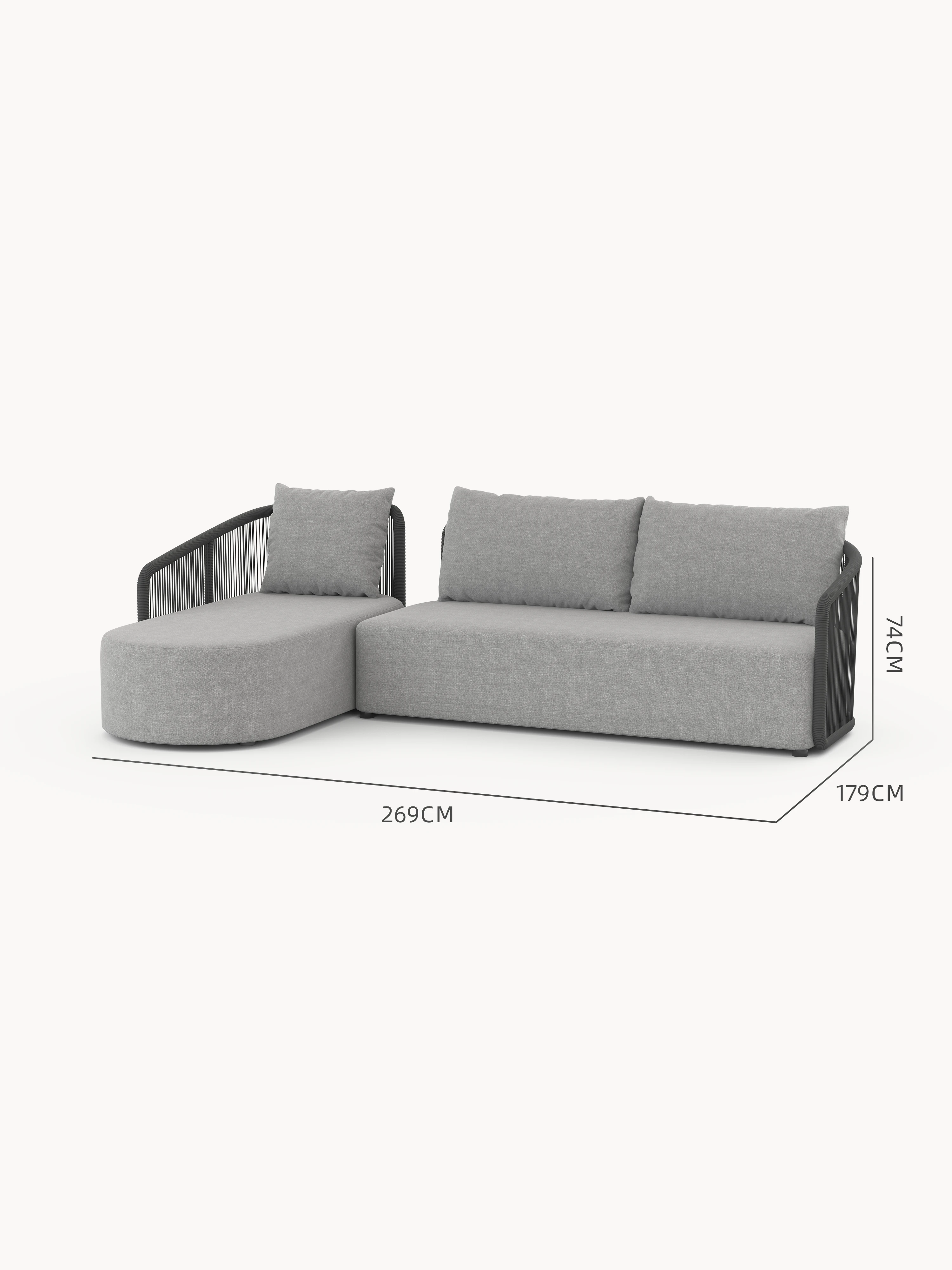 Kapalai Garten Loungesofa Set (4-Sitzer) mit L-förmigem Design, linker Chaiselongue, schlanken Armlehnen mit schwarzem Seildetail und minimalistischer Silhouette, ideal für stilvolle und entspannende Außenbereiche.
