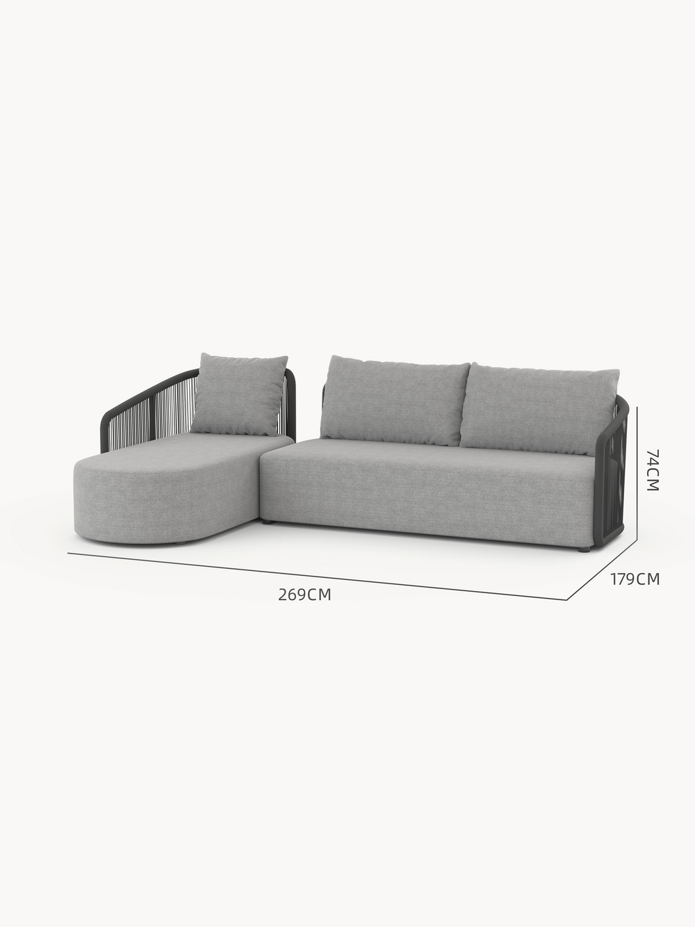 Kapalai Garten Loungesofa Set (4-Sitzer) mit L-förmigem Design, linker Chaiselongue, schlanken Armlehnen mit schwarzem Seildetail und minimalistischer Silhouette, ideal für stilvolle und entspannende Außenbereiche.