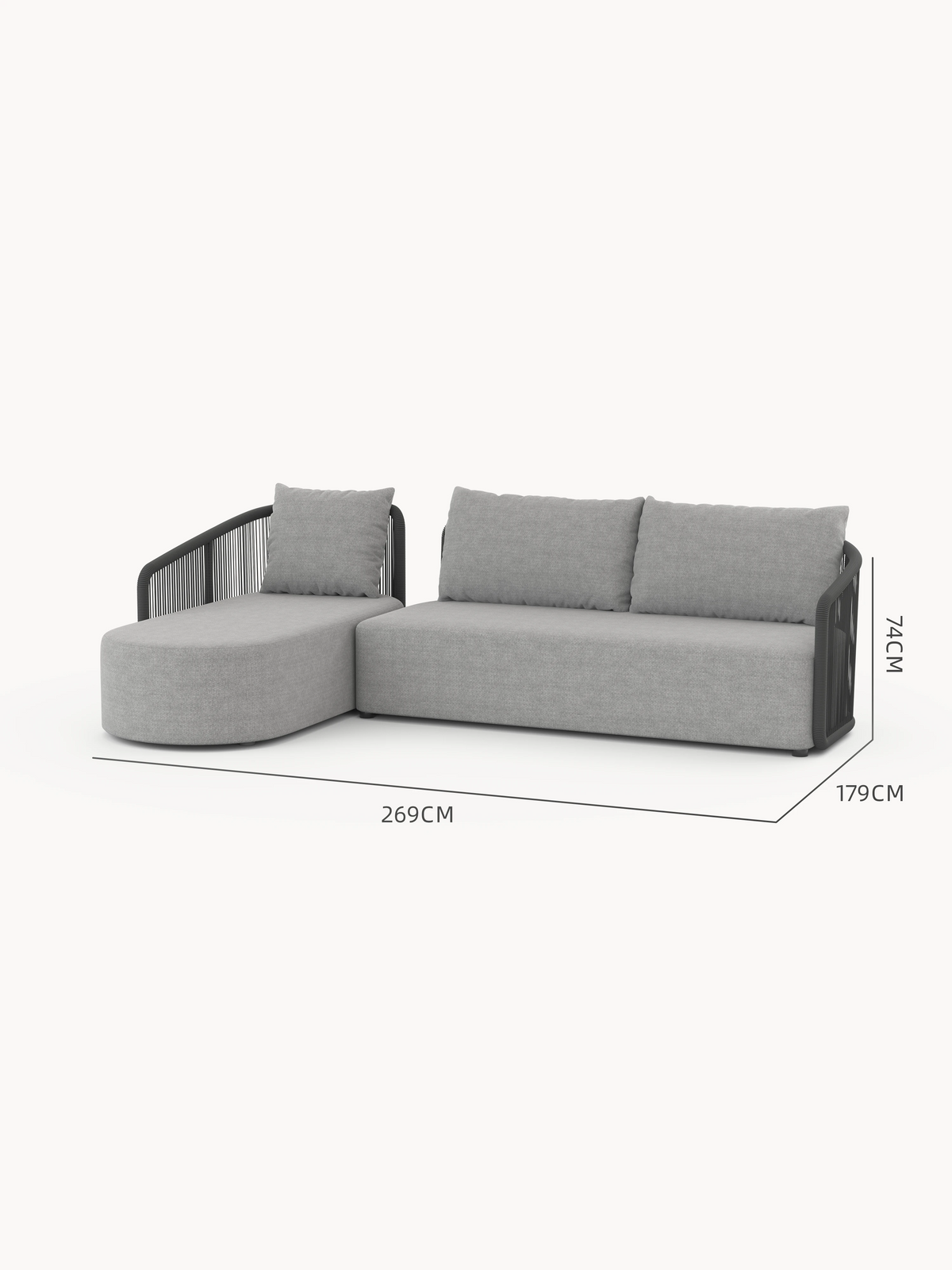 Kapalai Garten Loungesofa Set (4-Sitzer) mit L-förmigem Design, linker Chaiselongue, schlanken Armlehnen mit schwarzem Seildetail und minimalistischer Silhouette, ideal für stilvolle und entspannende Außenbereiche.