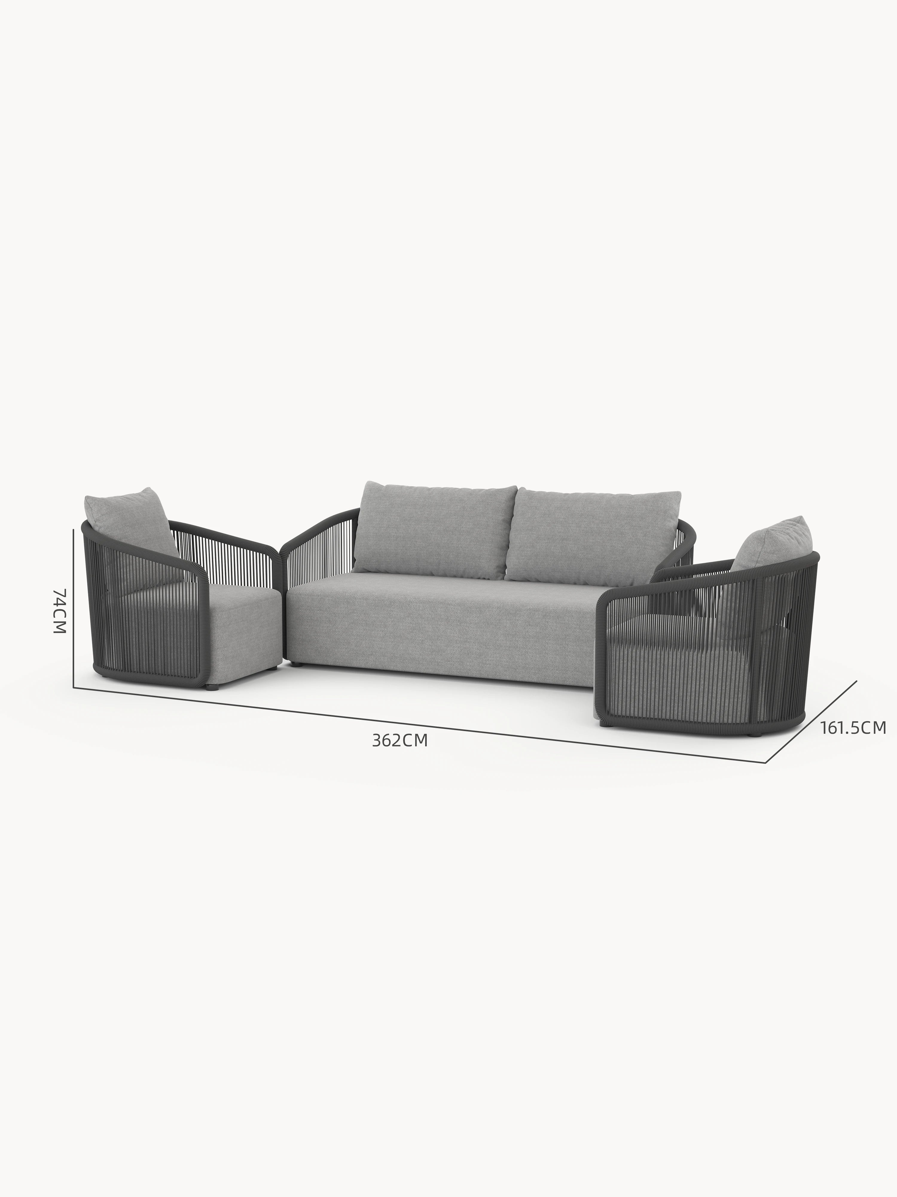 Kapalai Garten Loungesofa Set (4-Sitzer): Dreiteiliges, modulares Sofa mit minimalistischen, seilumwickelten Rahmen und hellgrauen Polstern; zentraler Doppelsitz mit zwei Armlehnenstühlen, ideal für stilvolle Outdoor-Entspannung.