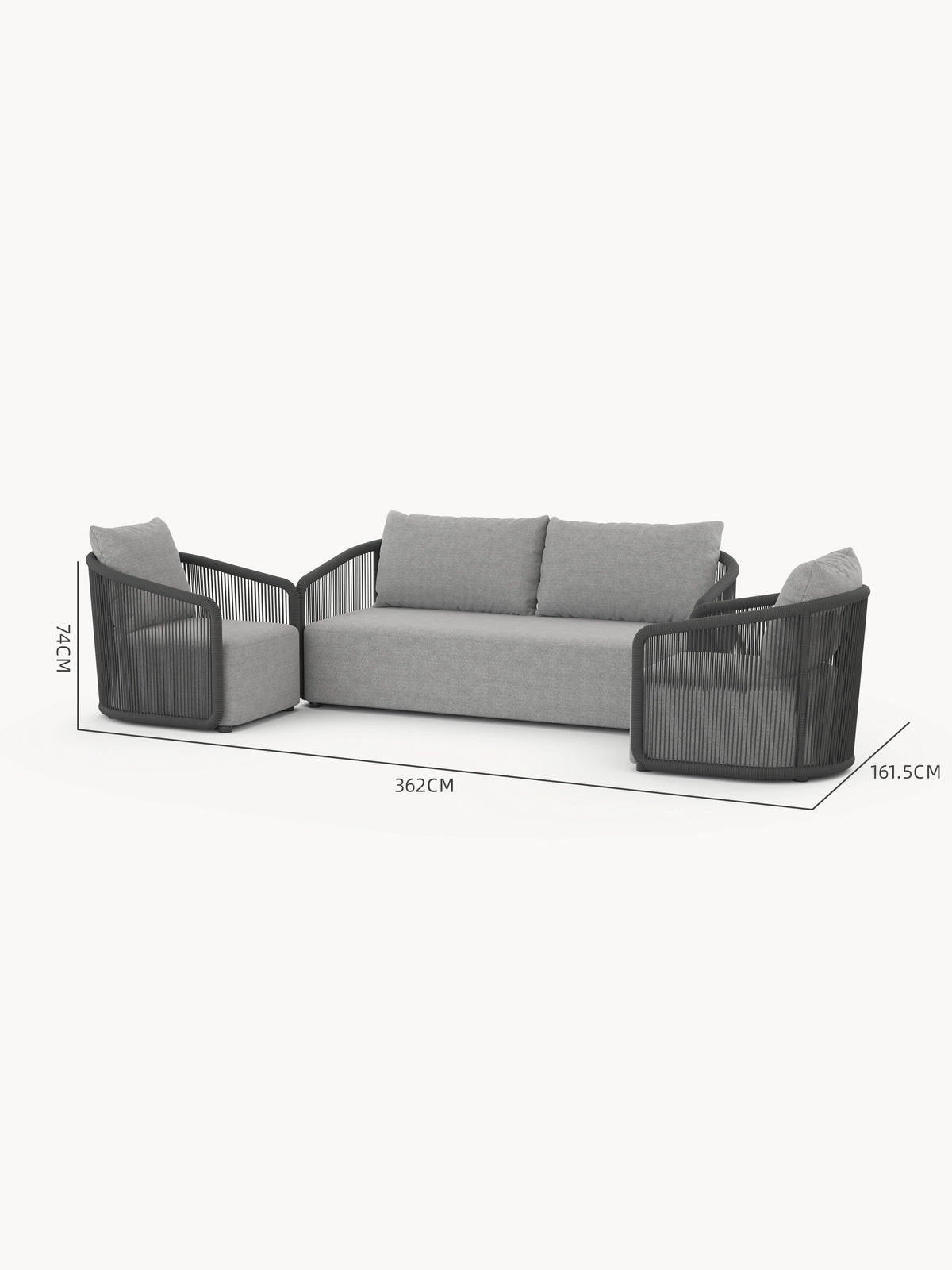 Kapalai Garten Loungesofa Set (4-Sitzer): Dreiteiliges, modulares Sofa mit minimalistischen, seilumwickelten Rahmen und hellgrauen Polstern; zentraler Doppelsitz mit zwei Armlehnenstühlen, ideal für stilvolle Outdoor-Entspannung.