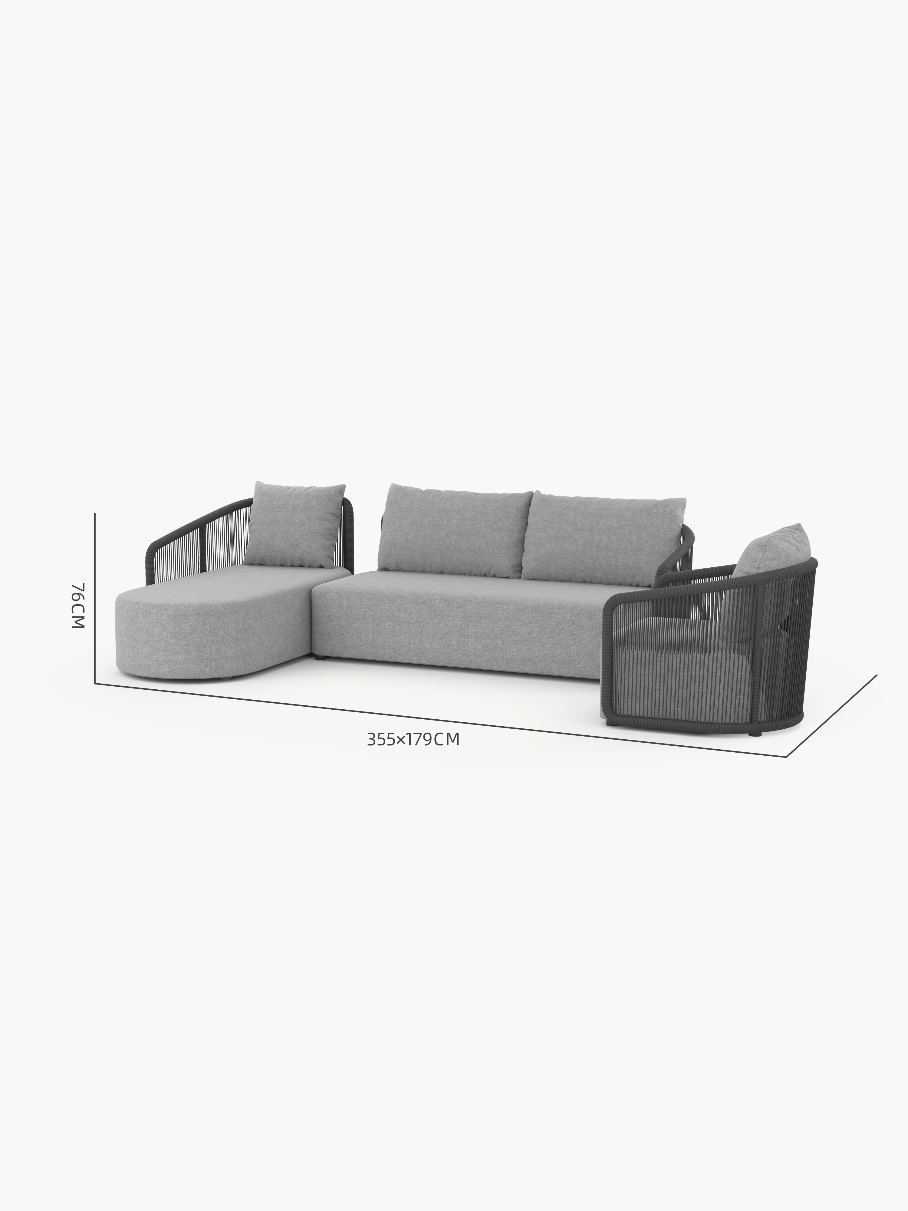 Kapalai Garten Loungesofa Set (5-Sitzer) mit L-Form, bestehend aus einem runden Chaiselongue, einem geraden Zweisitzer und einem runden Eckmodul, mit grauen Polstern und schwarzem Seilrahmen.