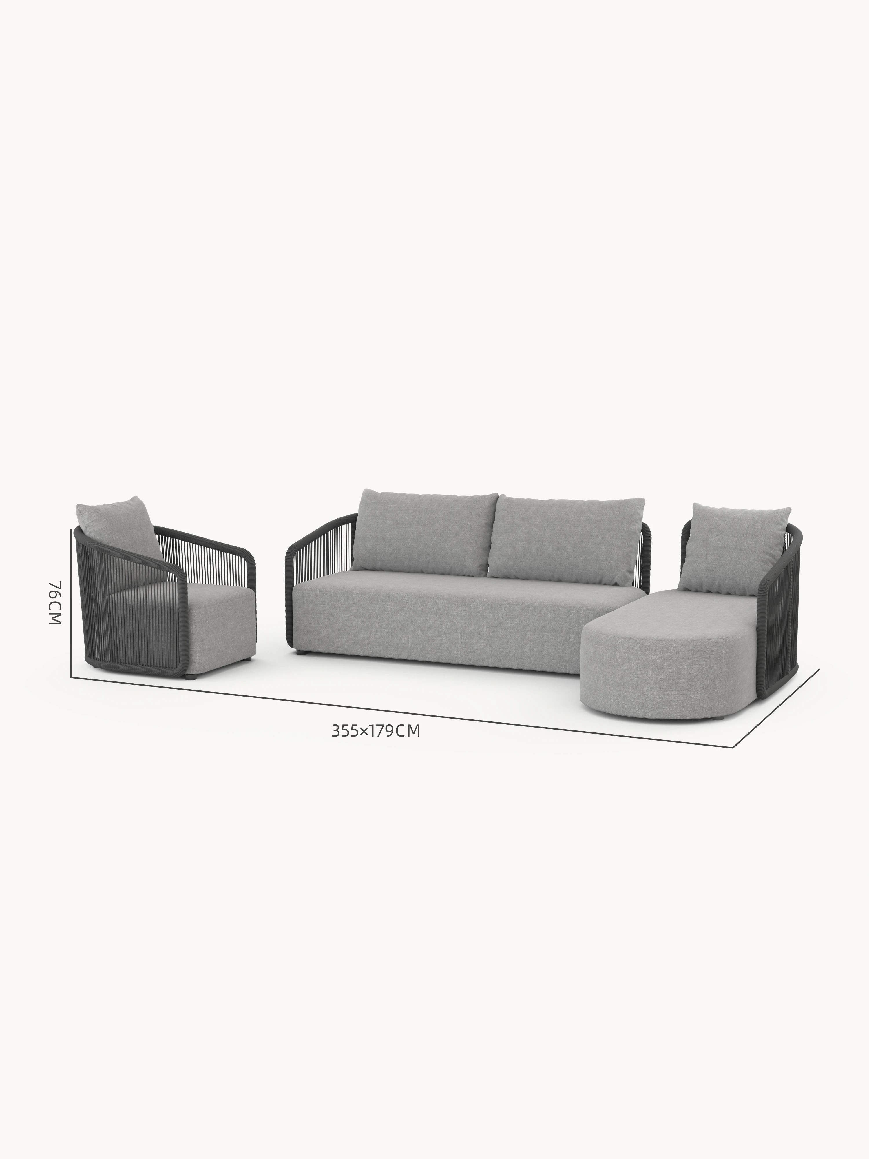 Kapalai Garten Loungesofa Set (5-Sitzer) zeigt ein modulares Design mit einem einladenden Sessel, einem dreisitzigen Sofa und einer rechten Chaiselongue, ideal für flexible Gartenarrangements.