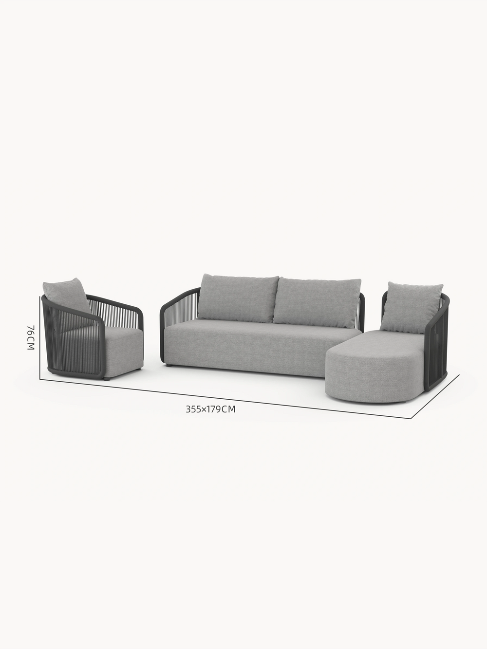 Kapalai Garten Loungesofa Set (5-Sitzer) zeigt ein modulares Design mit einem einladenden Sessel, einem dreisitzigen Sofa und einer rechten Chaiselongue, ideal für flexible Gartenarrangements.