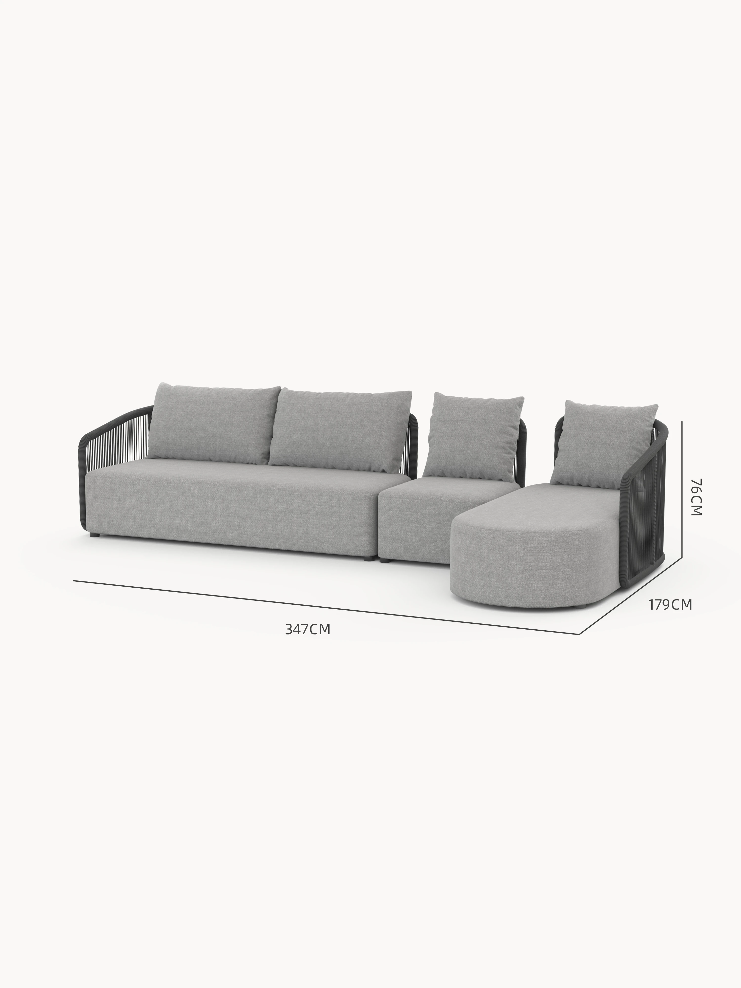 Kapalai Garten Loungesofa Set (5-Sitzer) mit modularem Design: linke 2-Sitzer-Sektion, mittlerer armloser Hocker, rechte Chaiselongue mit Seildetail. Ideal für stilvolle, flexible Outdoor-Gestaltung.
