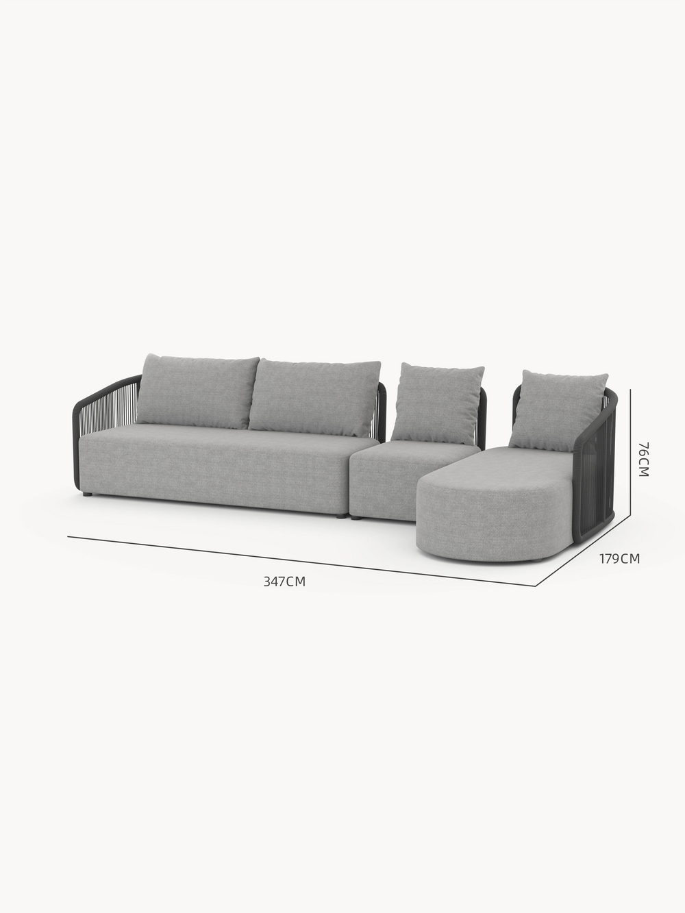 Kapalai Garten Loungesofa Set (5-Sitzer) mit modularem Design: linke 2-Sitzer-Sektion, mittlerer armloser Hocker, rechte Chaiselongue mit Seildetail. Ideal für stilvolle, flexible Outdoor-Gestaltung.