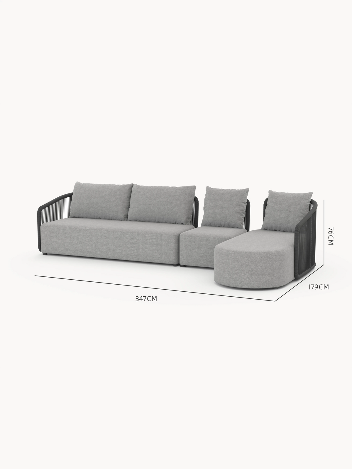 Kapalai Garten Loungesofa Set (5-Sitzer) mit modularem Design: linke 2-Sitzer-Sektion, mittlerer armloser Hocker, rechte Chaiselongue mit Seildetail. Ideal für stilvolle, flexible Outdoor-Gestaltung.