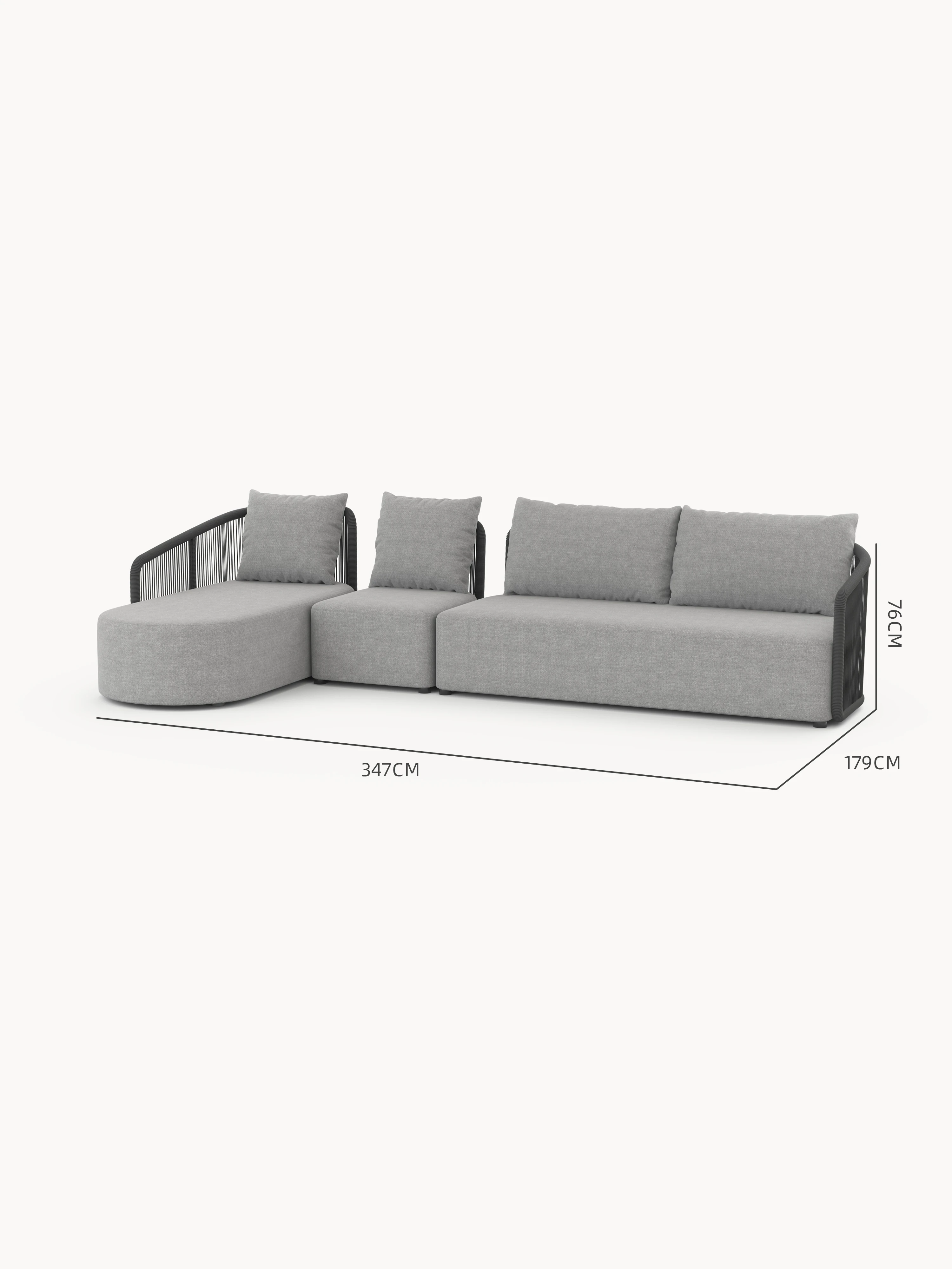 Kapalai Garten Loungesofa Set (5-Sitzer): Ein modernes, dreiteiliges modulares Sofa in hellgrauem Stoff mit Seildetails an Metallrahmen, ideal für flexible, stilvolle Outdoor-Gestaltung.
