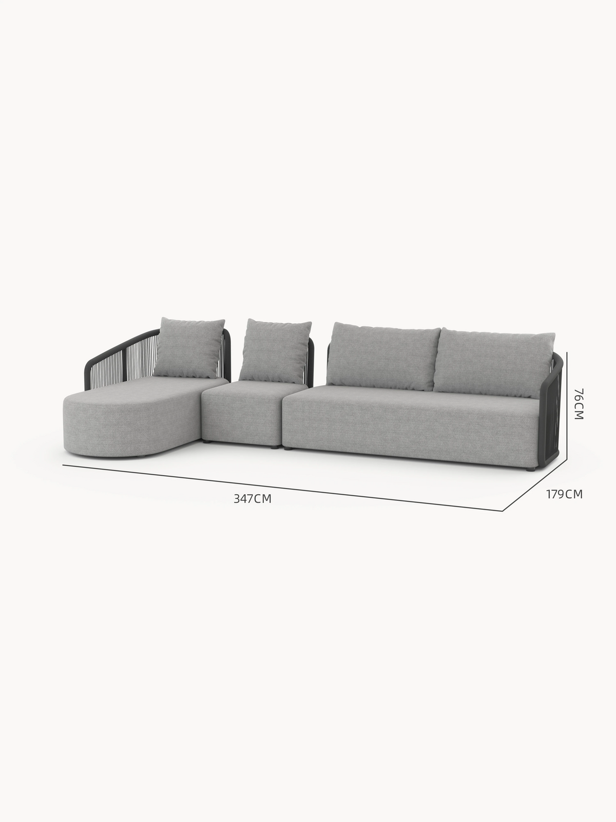Kapalai Garten Loungesofa Set (5-Sitzer): Ein modernes, dreiteiliges modulares Sofa in hellgrauem Stoff mit Seildetails an Metallrahmen, ideal für flexible, stilvolle Outdoor-Gestaltung.