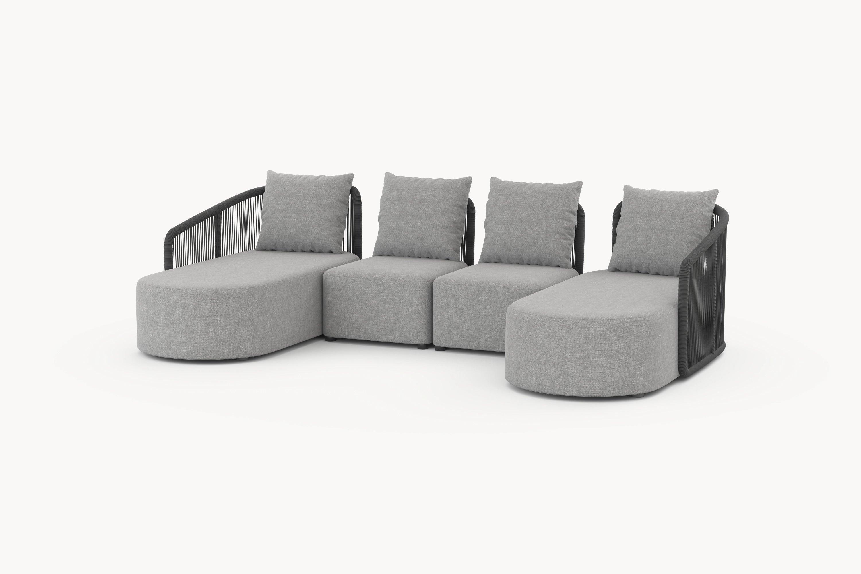 Kapalai Garten Loungesofa Set (6-Sitzer) mit sanft abgerundeten Armlehnen, grauen Kissen und modularer Flexibilität, ideal für stilvolle und komfortable Garten- oder Terrassengestaltung.