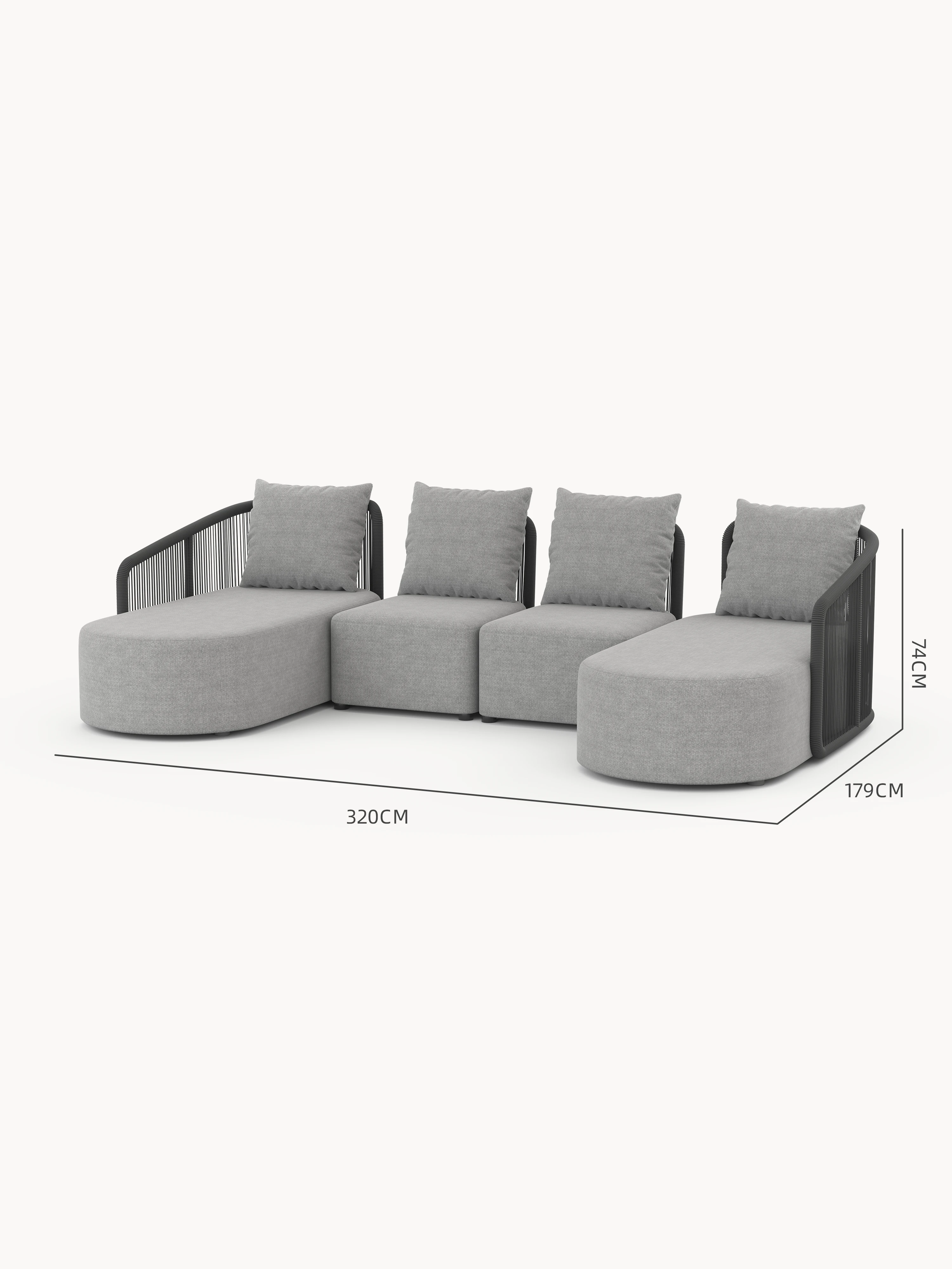 Kapalai Garten Loungesofa Set (6-Sitzer) mit vier modularen Teilen: zwei runden Chaiselongue-Endmodulen und zwei quadratischen Mittelmodulen, alle mit grauem Bezug und geflochtenen Seilarmlehnen, ideal für flexible Gartengestaltung.
