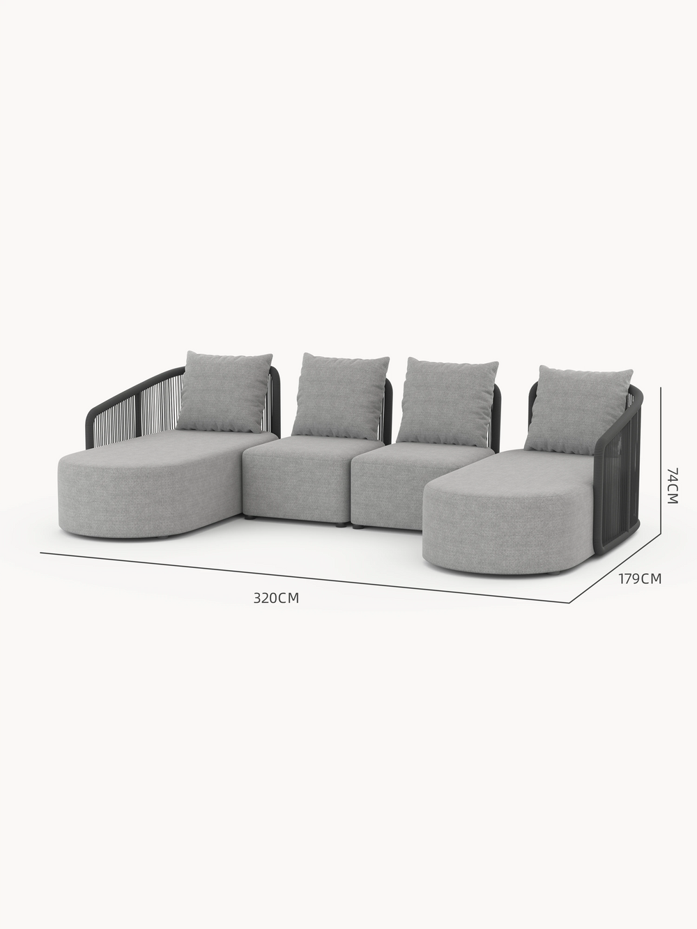 Kapalai Garten Loungesofa Set (6-Sitzer) mit vier modularen Teilen: zwei runden Chaiselongue-Endmodulen und zwei quadratischen Mittelmodulen, alle mit grauem Bezug und geflochtenen Seilarmlehnen, ideal für flexible Gartengestaltung.