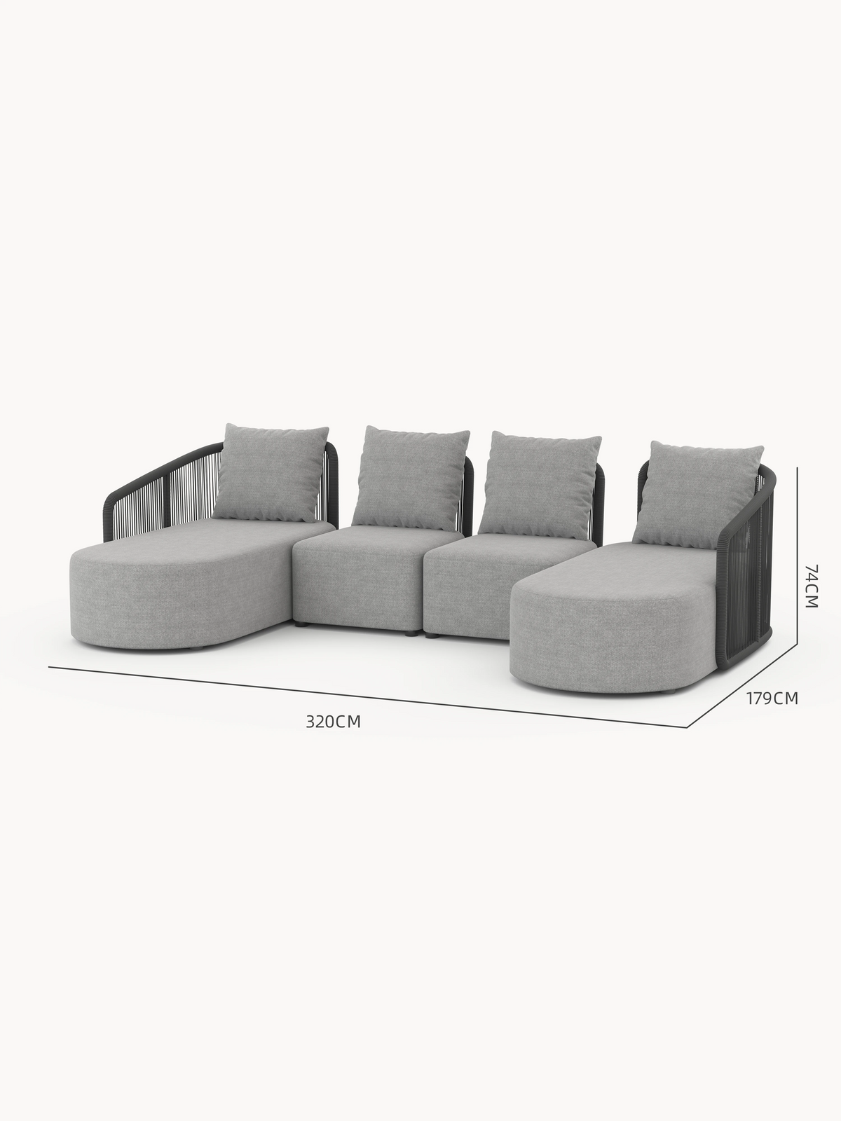 Kapalai Garten Loungesofa Set (6-Sitzer) mit vier modularen Teilen: zwei runden Chaiselongue-Endmodulen und zwei quadratischen Mittelmodulen, alle mit grauem Bezug und geflochtenen Seilarmlehnen, ideal für flexible Gartengestaltung.