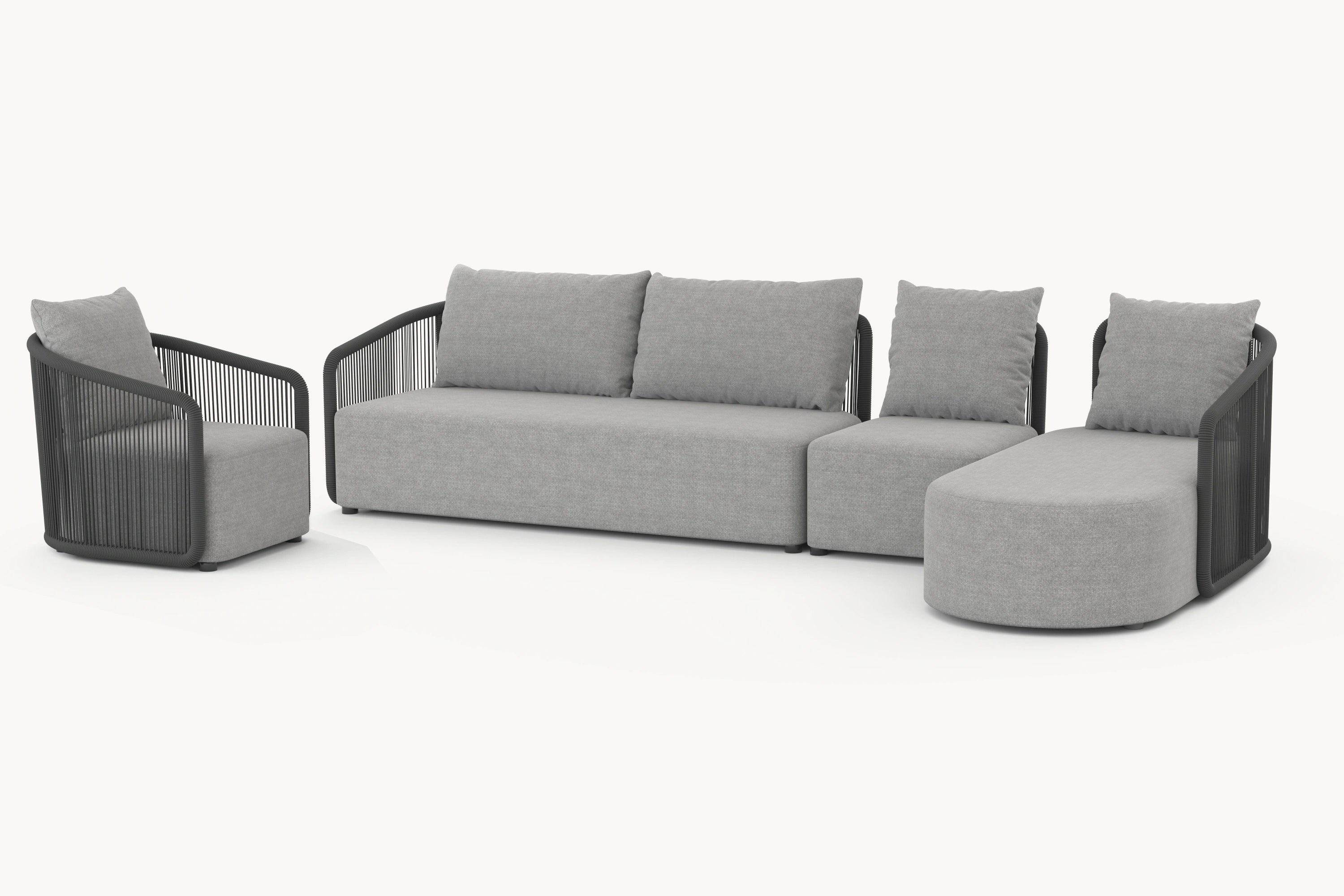 Kapalai Garten Loungesofa Set (6-Sitzer) mit modularer Flexibilität und kunstvollem Seildesign, ideal für stilvolle Entspannung im Garten, inklusive grauem Sofa und passendem Ottomanen.