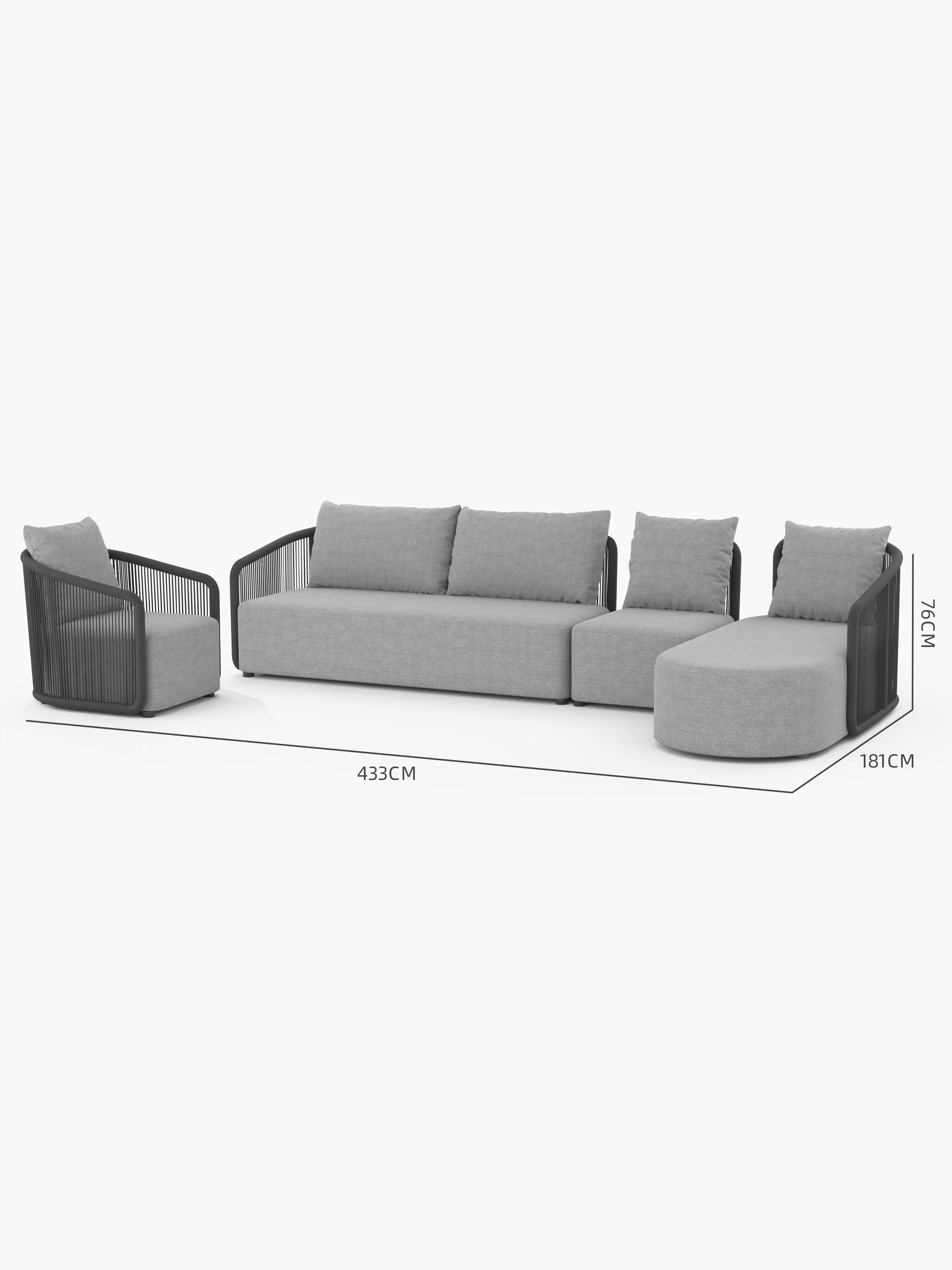Kapalai Garten Loungesofa Set (6-Sitzer): Modulares graues Sofa mit Seil-Armlehnen, bestehend aus Sessel, Dreisitzer, Ottomane und geschwungenem Chaiselongue, ideal für flexible, stilvolle Outdoor-Gestaltung.