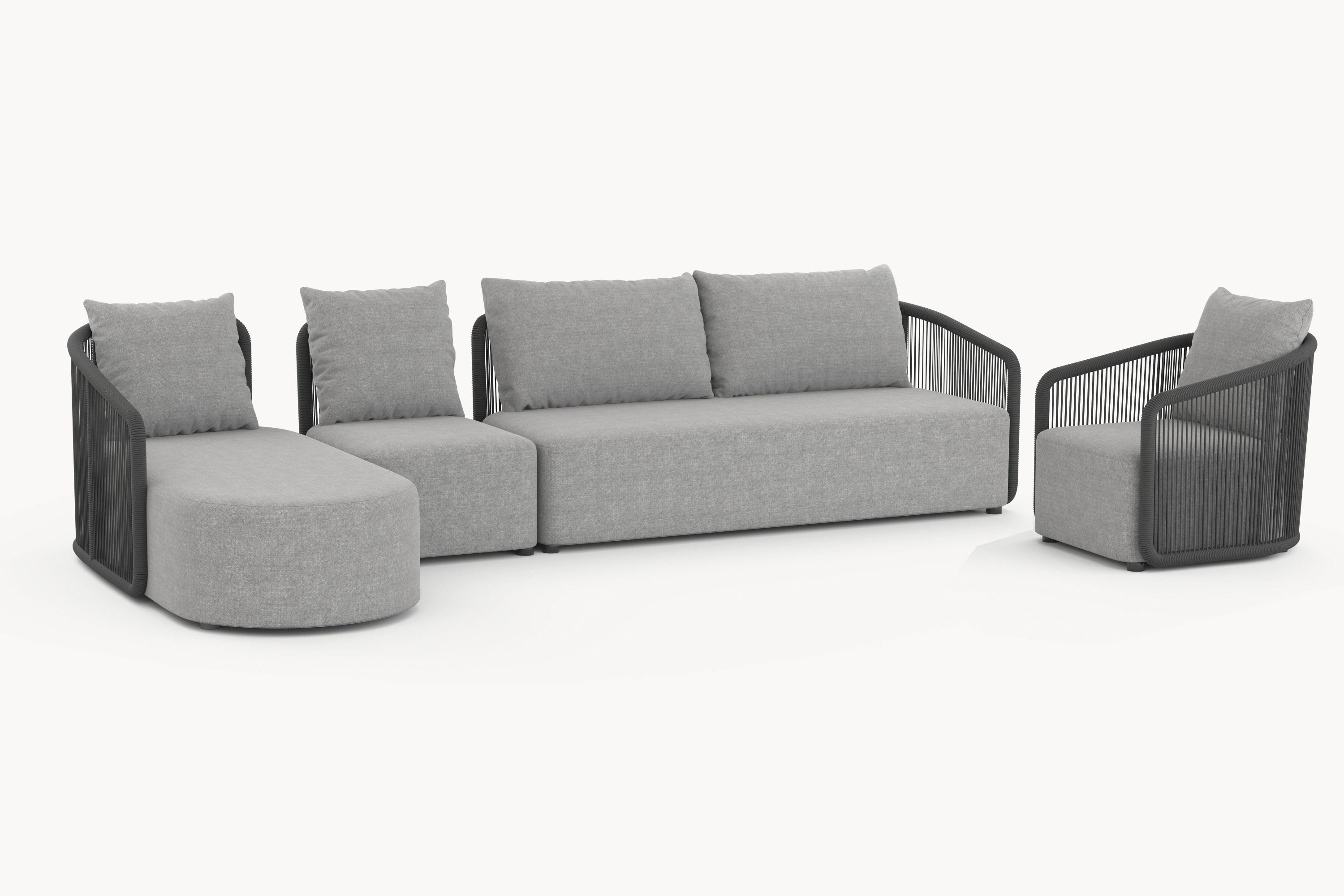 Kapalai Garten Loungesofa Set (6-Sitzer) mit grauen Kissen, geschwungenen Armlehnen und modulierbarem Design, ideal für stilvolle, entspannte Outdoor-Momente im Garten oder auf der Terrasse.