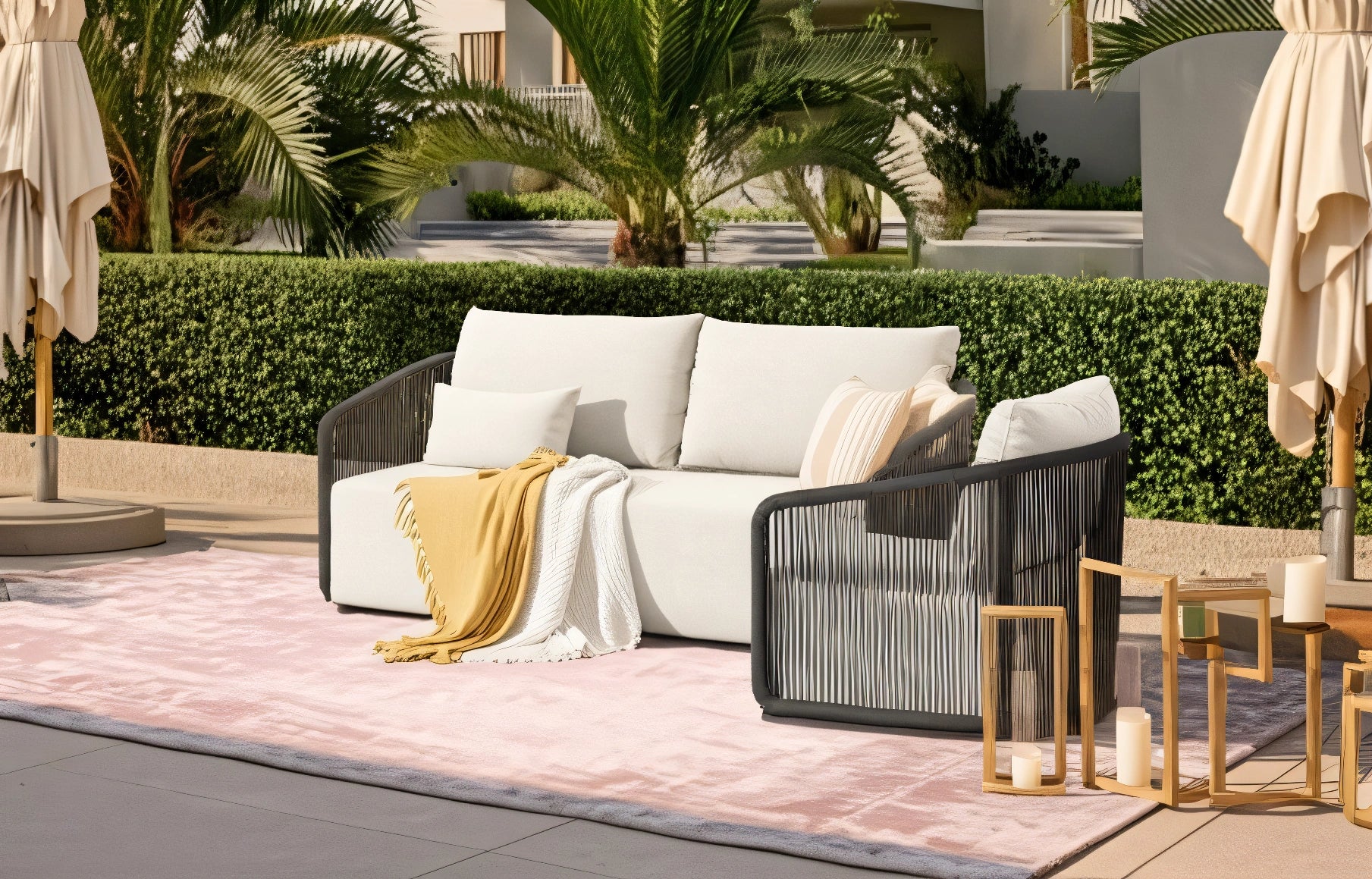 Kapalai Garten Loungesofa Set (3-Sitzer) mit gelber Decke auf weißem Sofa, auf einem rosa Teppich, ergänzt durch modulare Flexibilität und elegantes, seilgewebtes Design für stilvolle Außengestaltung.
