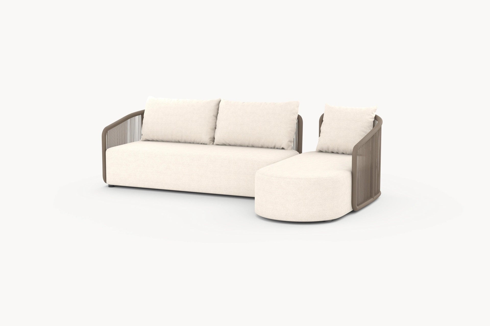 Kapalai Garten Loungesofa Set (4-Sitzer) mit modernem, niedrigem Profil, beige Stoffbezug, zwei Sitzbank- und Chaiselounge-Abschnitten, abgerundete Armlehnen, taupe-braun umwickelte Rahmen für stilvolle, flexible Gartengestaltung.