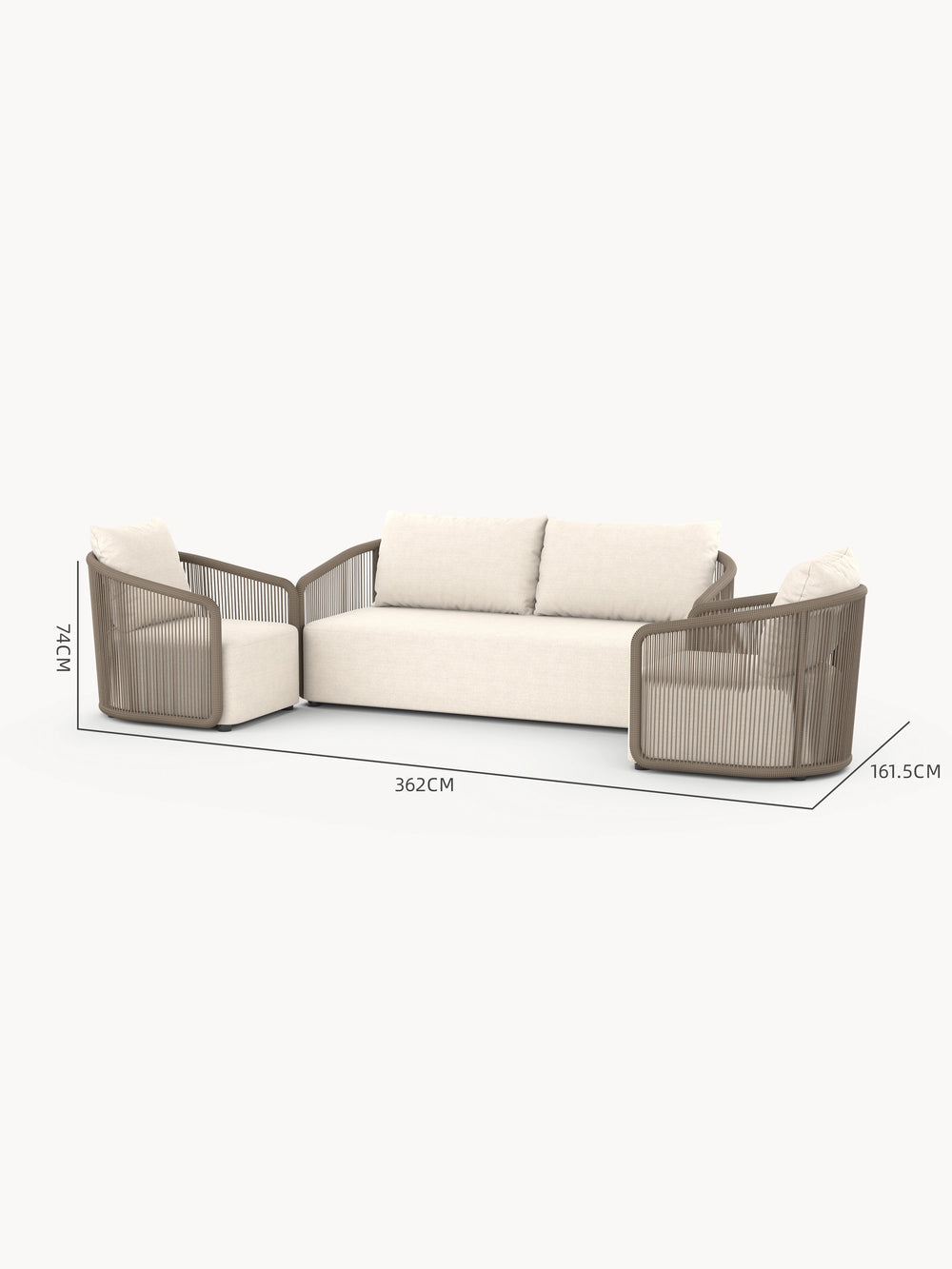 Kapalai Garten Loungesofa Set (4-Sitzer) mit Seilrahmen, bestehend aus einem dreisitzigen Sofa und zwei Sesseln mit cremefarbenen Polstern. Dimensionen: 362 cm Breite, 161,5 cm Tiefe, 74 cm Höhe.
