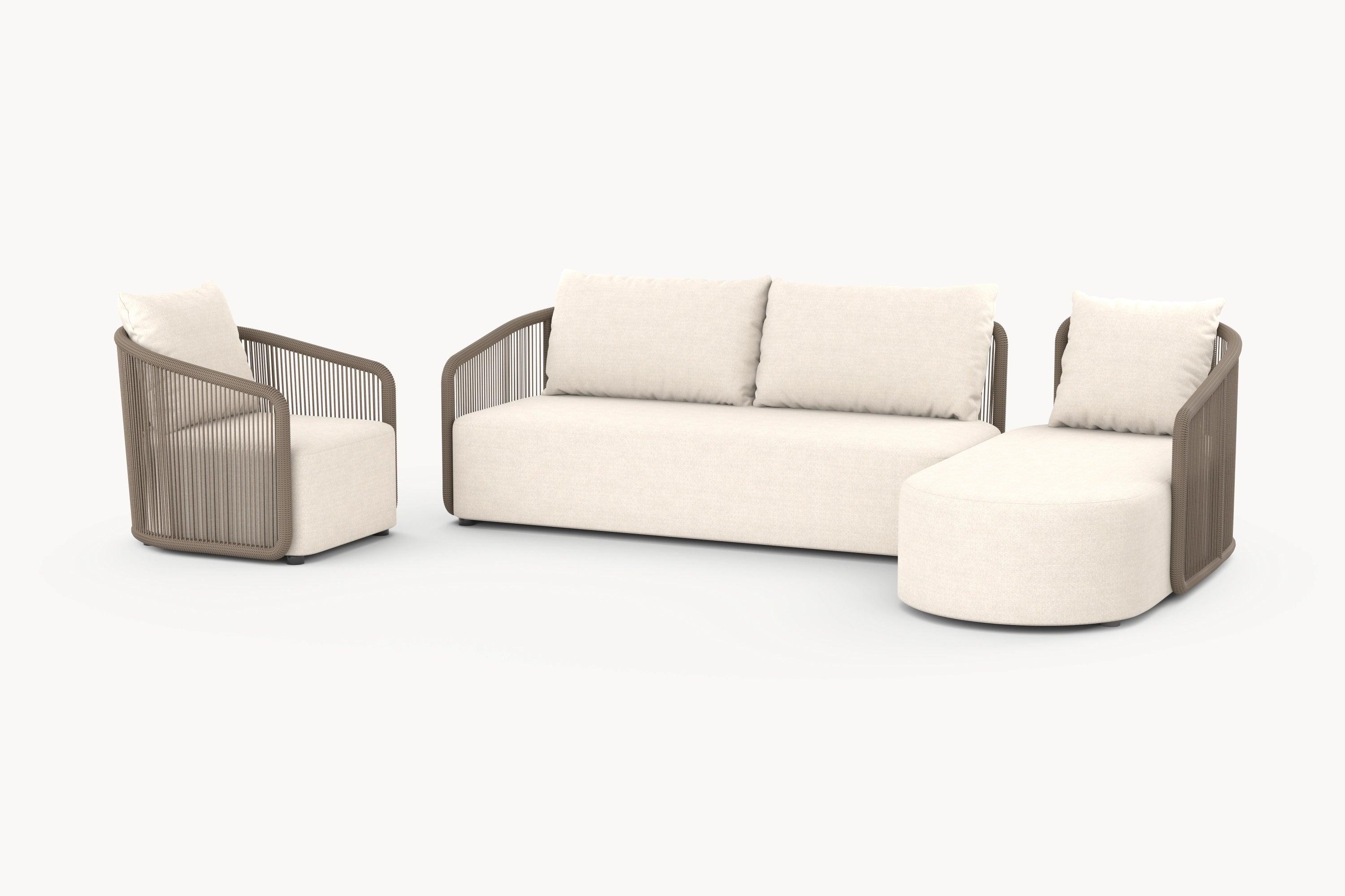 Kapalai Garten Loungesofa Set (5-Sitzer) mit weißen Kissen, modularem Design und sanft abgerundeten Armlehnen, inspiriert von tropischer Eleganz, ideal für stilvolle Outdoor-Entspannung.