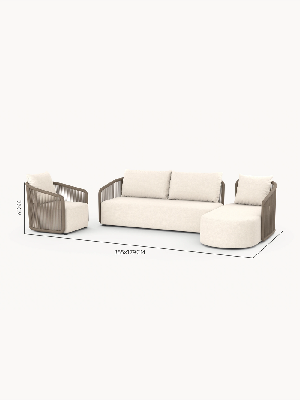 Kapalai Garten Loungesofa Set (5-Sitzer): Modulares Set mit Seilrahmen; bestehend aus Sessel, Dreisitzer-Sofa und Chaiselongue. Gesamtmaß: 355 × 179 cm, Rückenlehne 76 cm hoch.